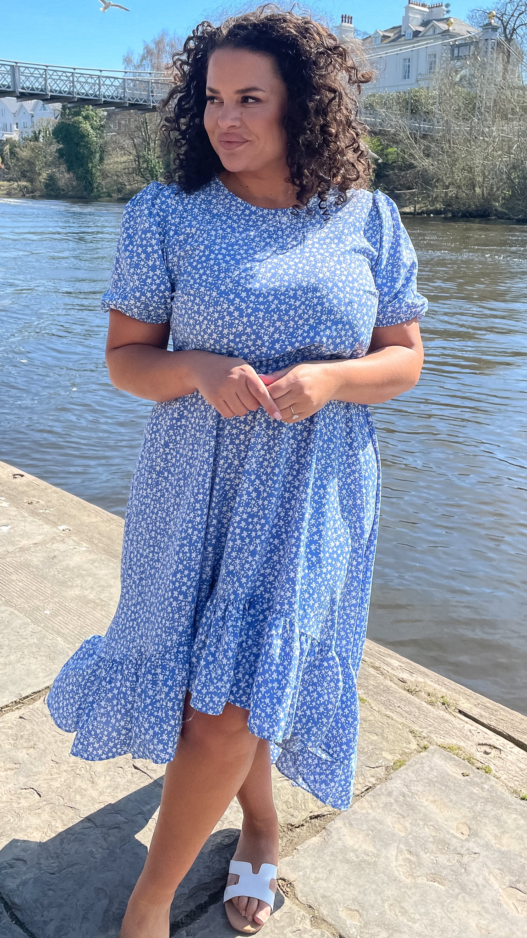 CurveWow Frill Dipped Hem Dress Blue Ditsy