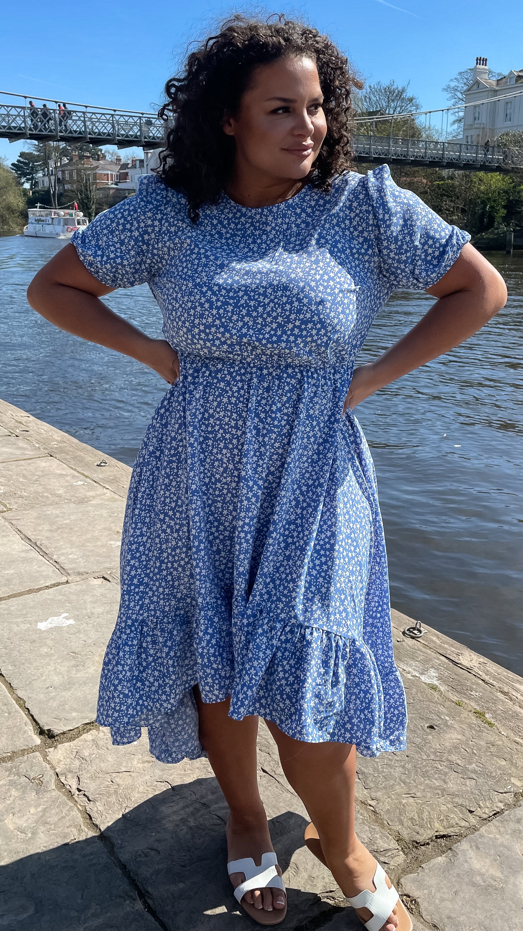 CurveWow Frill Dipped Hem Dress Blue Ditsy