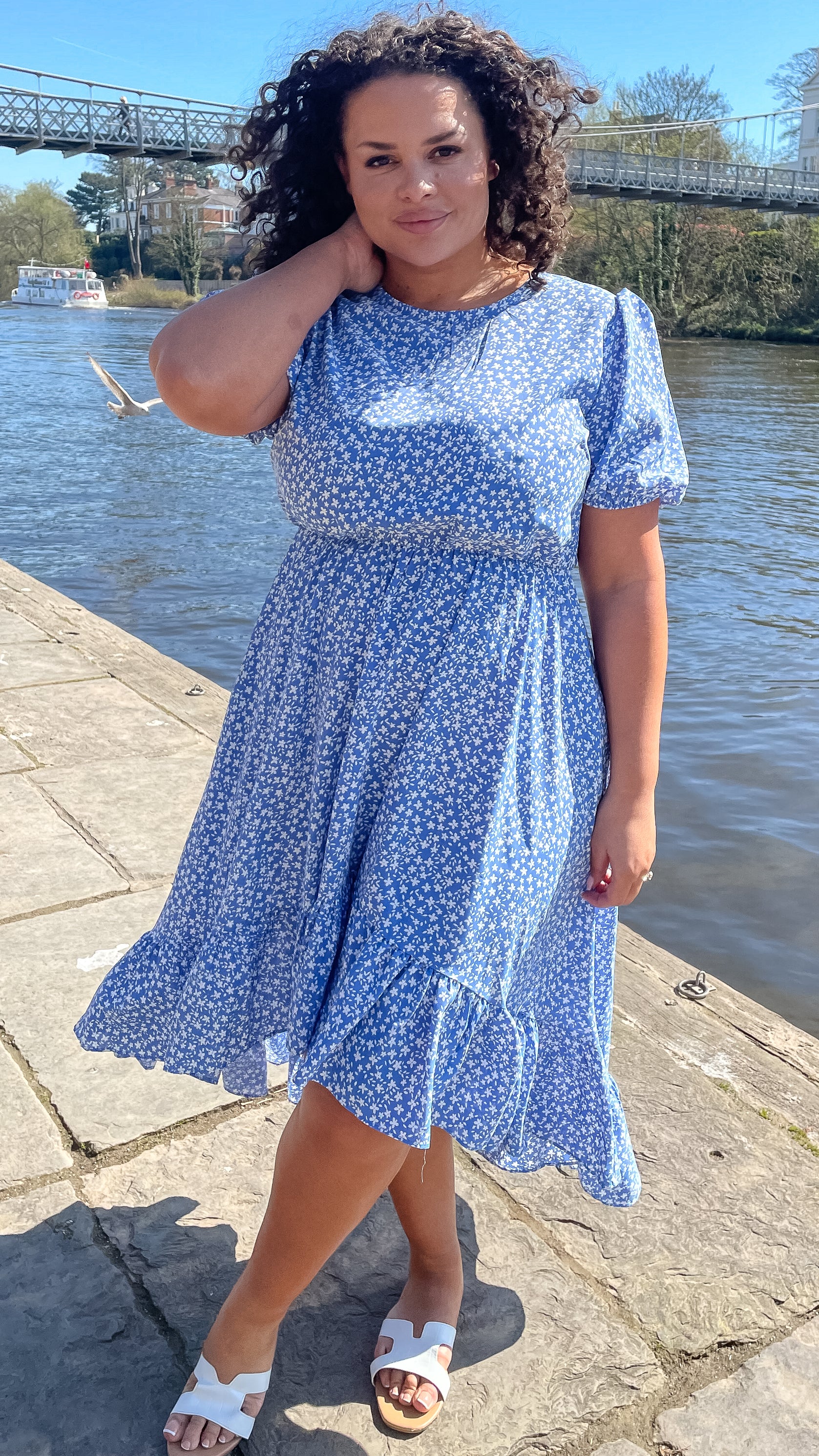 CurveWow Frill Dipped Hem Dress Blue Ditsy