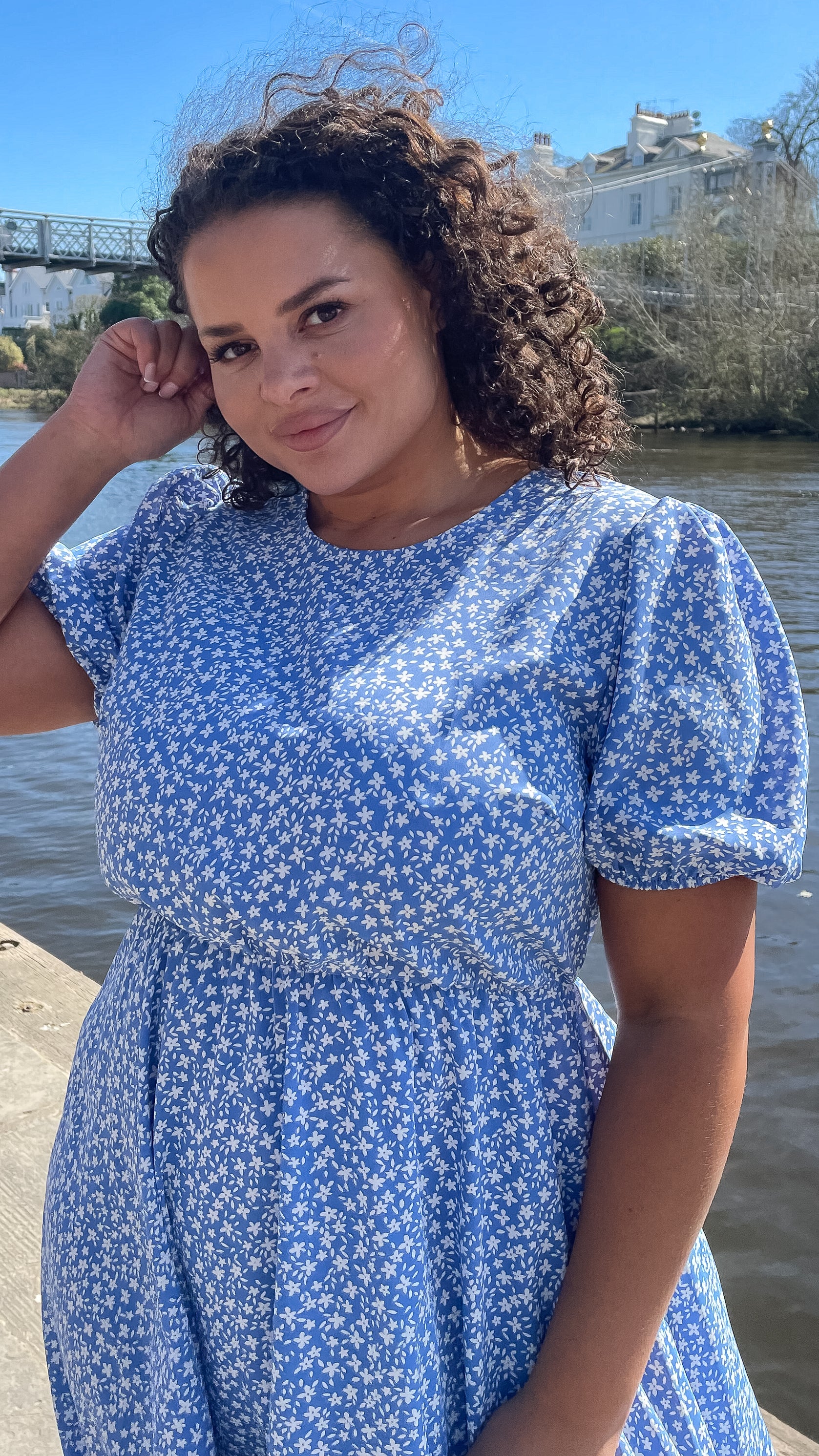 CurveWow Frill Dipped Hem Dress Blue Ditsy