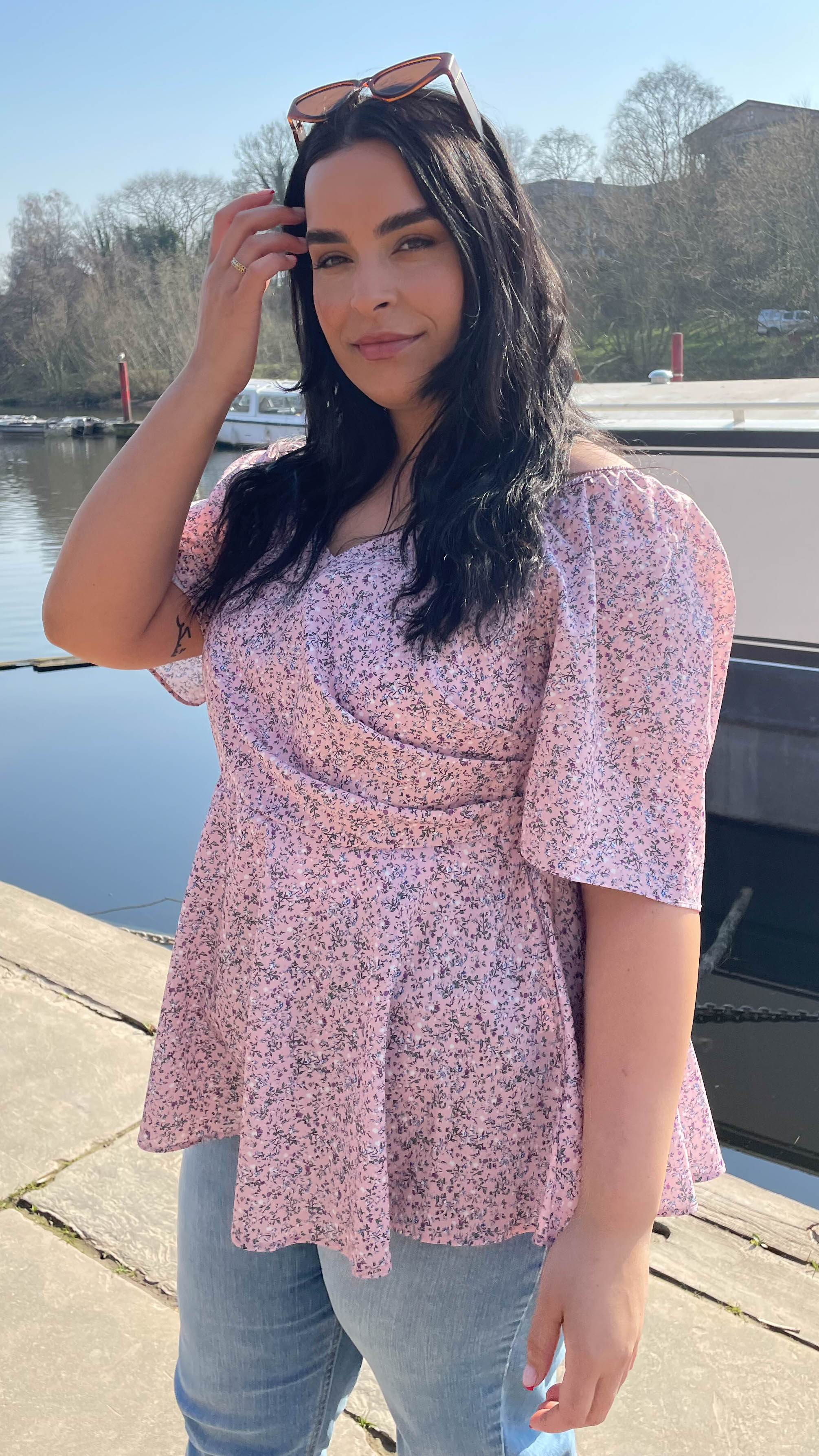 CurveWow Sweetheart Peplum Top Pink Ditsy