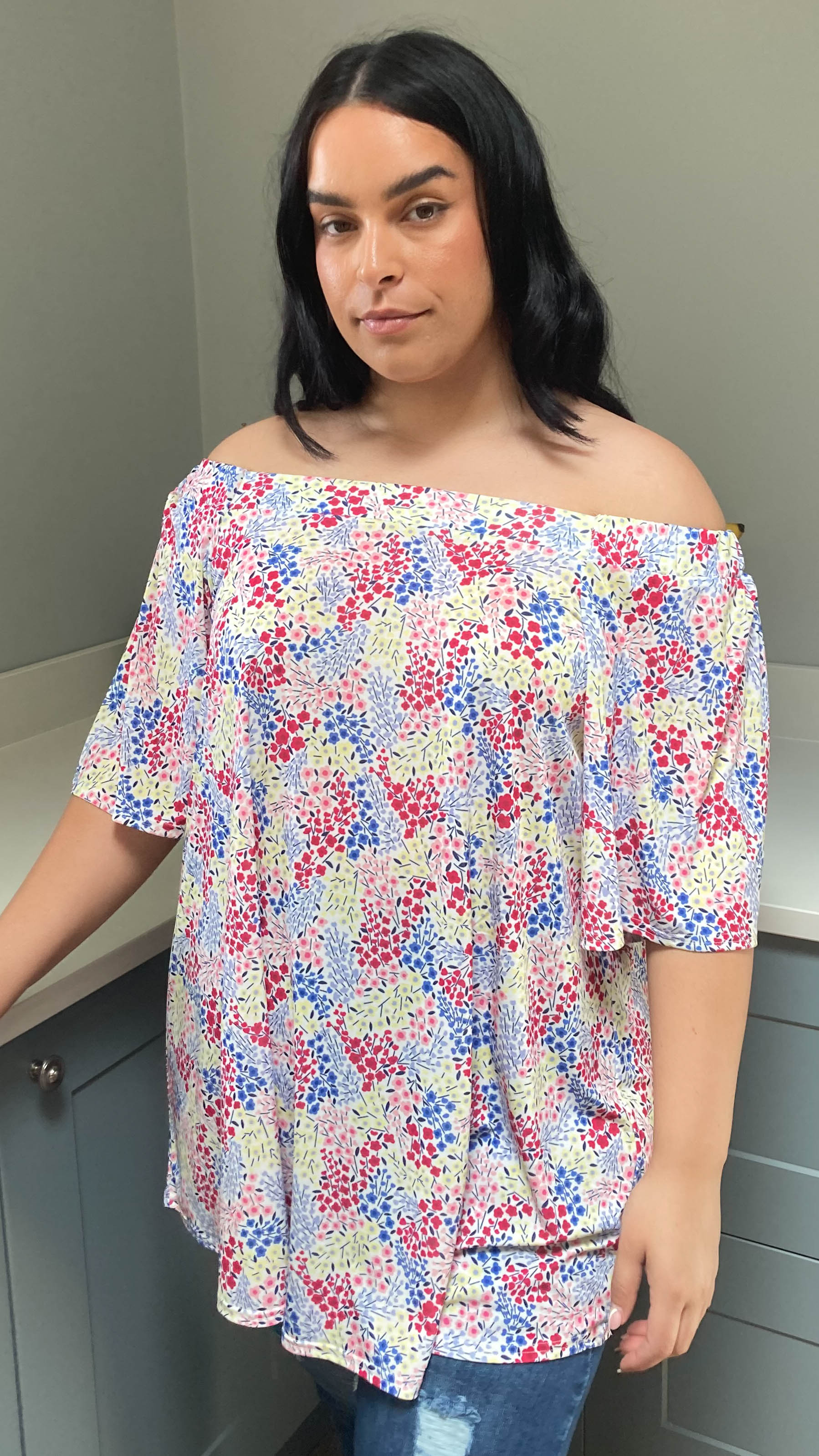 CurveWow Bardot Top White Ditsy Floral