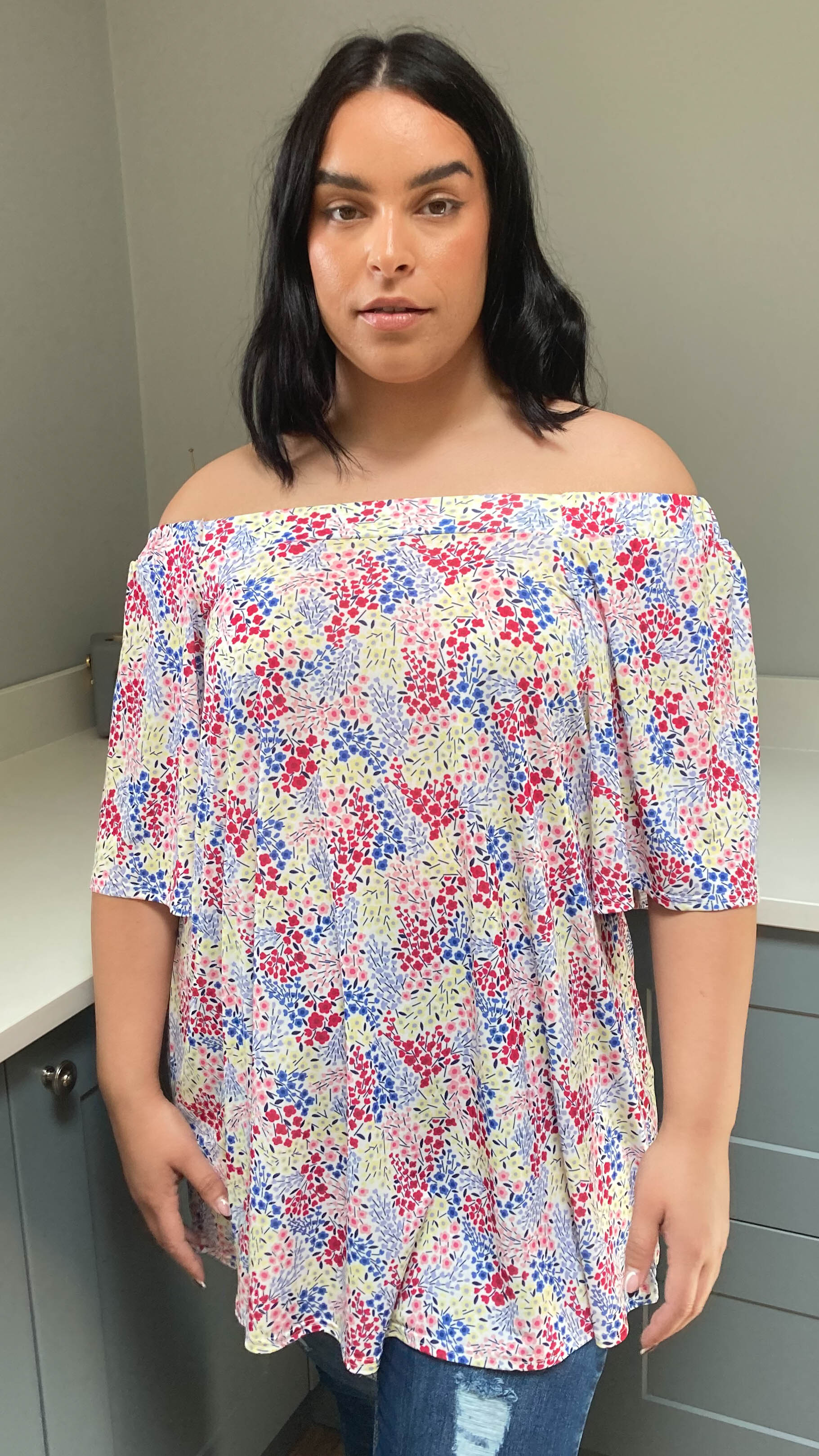 CurveWow Bardot Top White Ditsy Floral