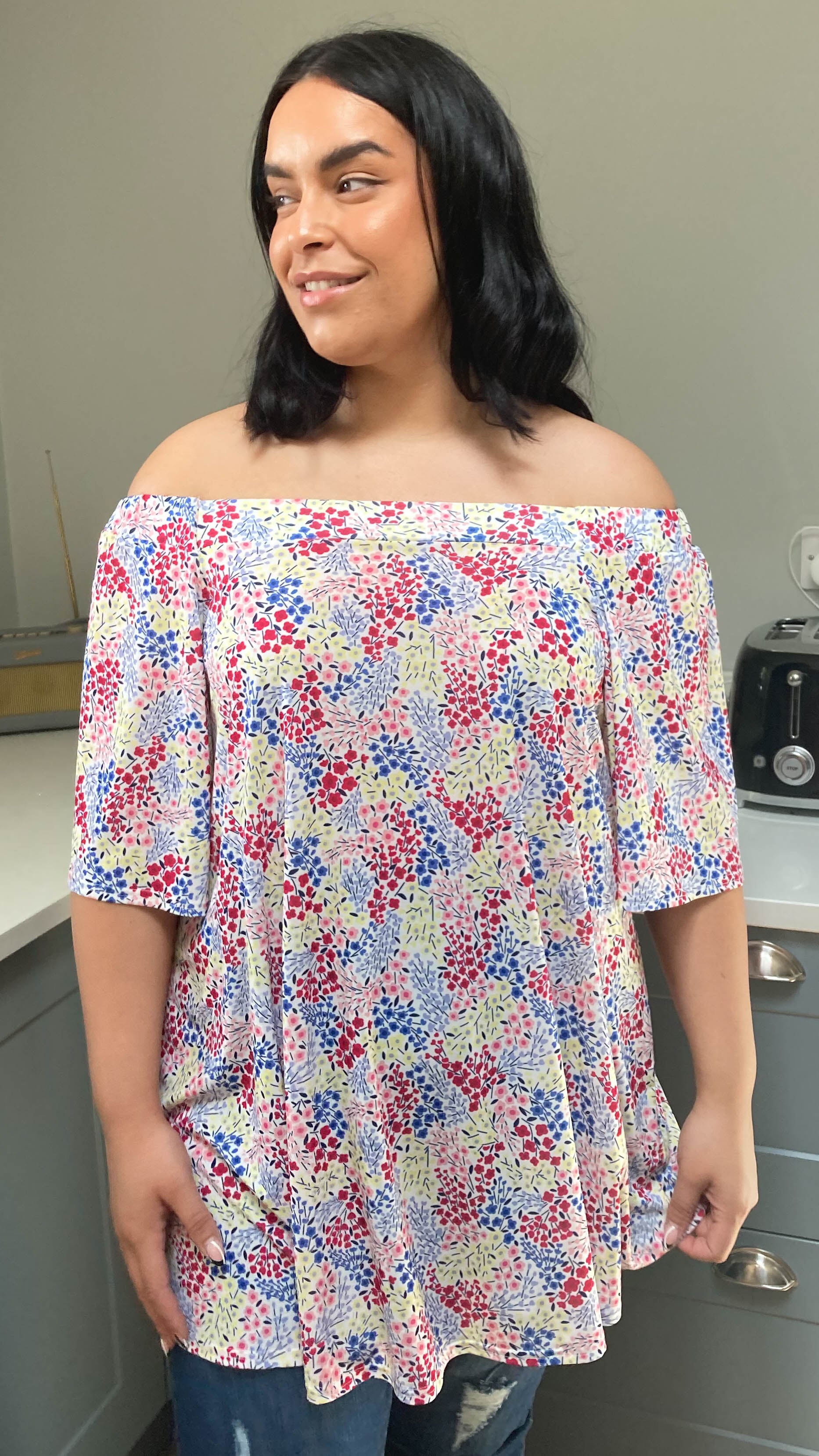 CurveWow Bardot Top White Ditsy Floral