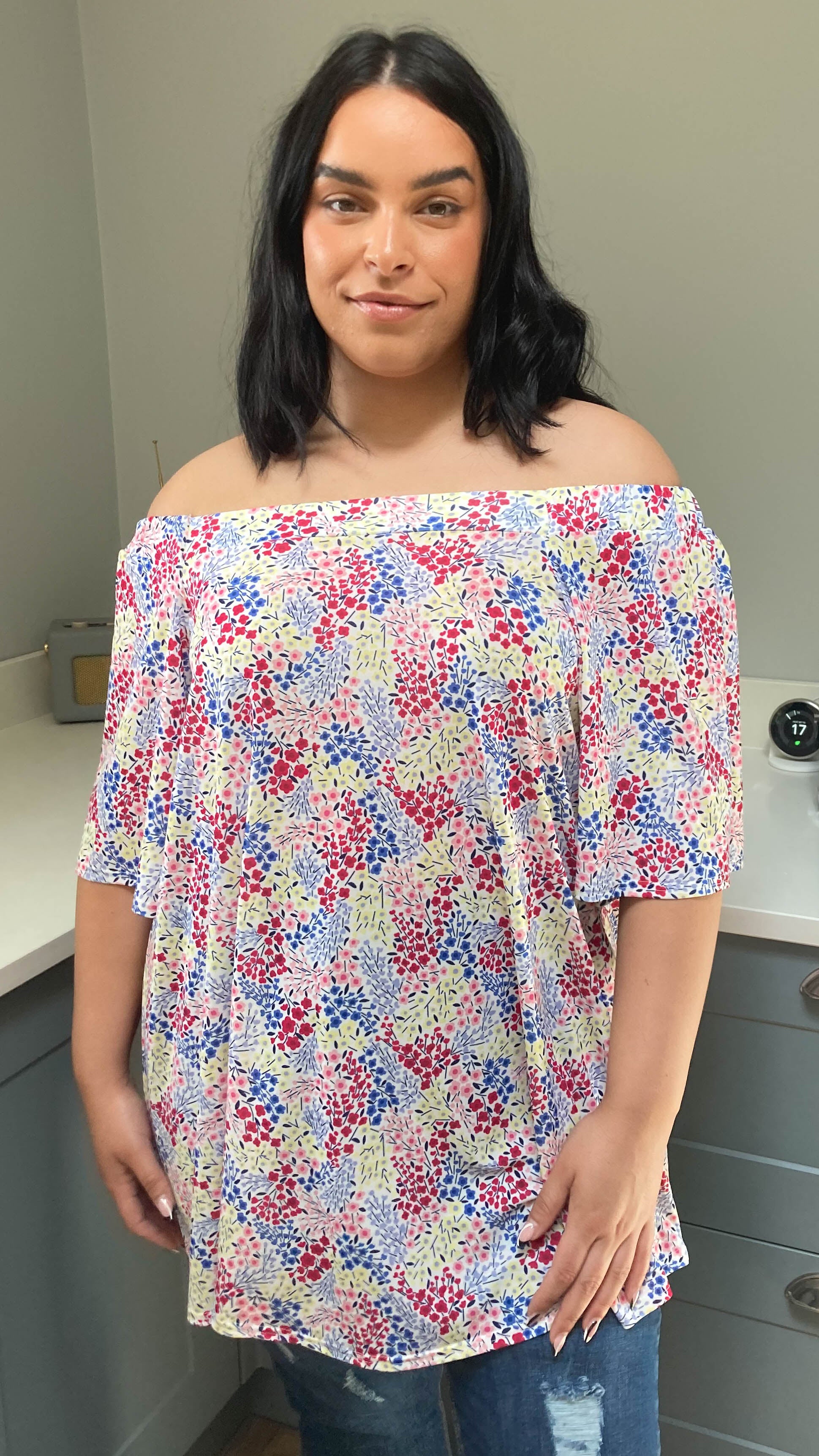CurveWow Bardot Top White Ditsy Floral