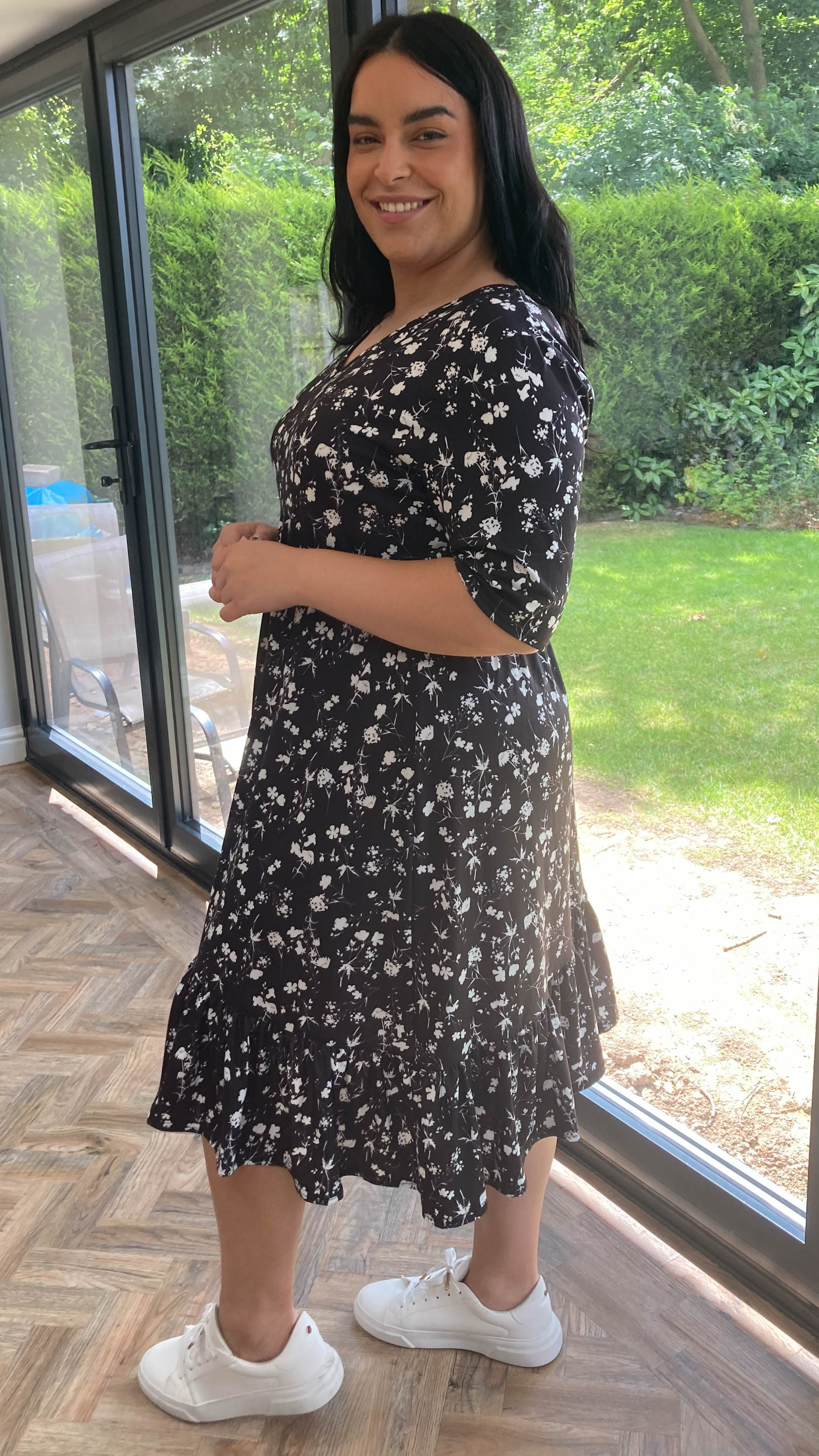 CurveWow Black Floral Tiered Smock Dress