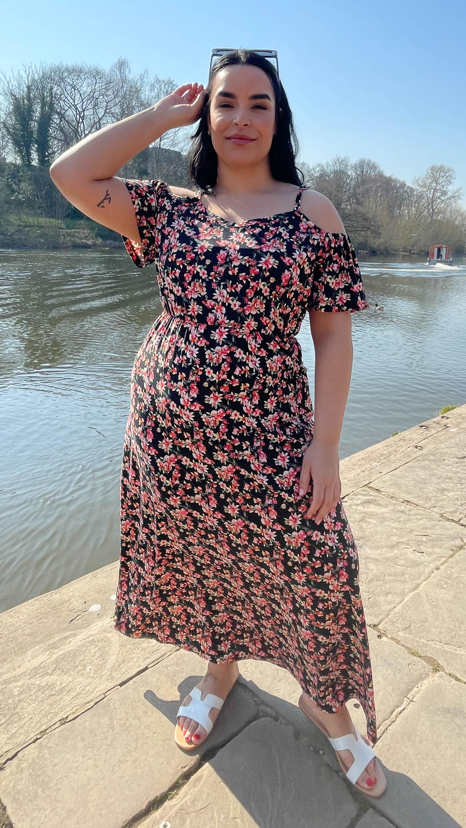 CurveWow Cold Shoulder Maxi Dress Black Floral