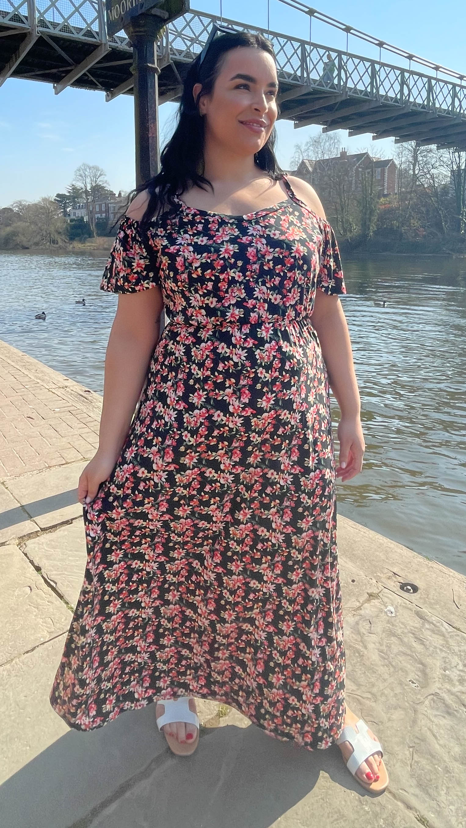 CurveWow Cold Shoulder Maxi Dress Black Floral