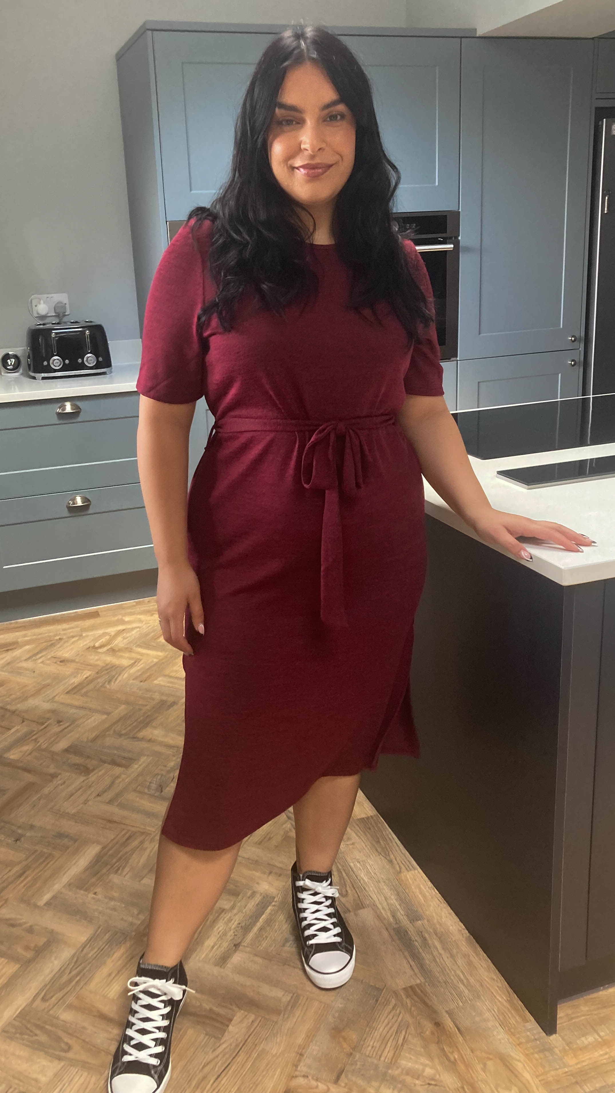 CurveWow Tie Waist Knit Dress Wine