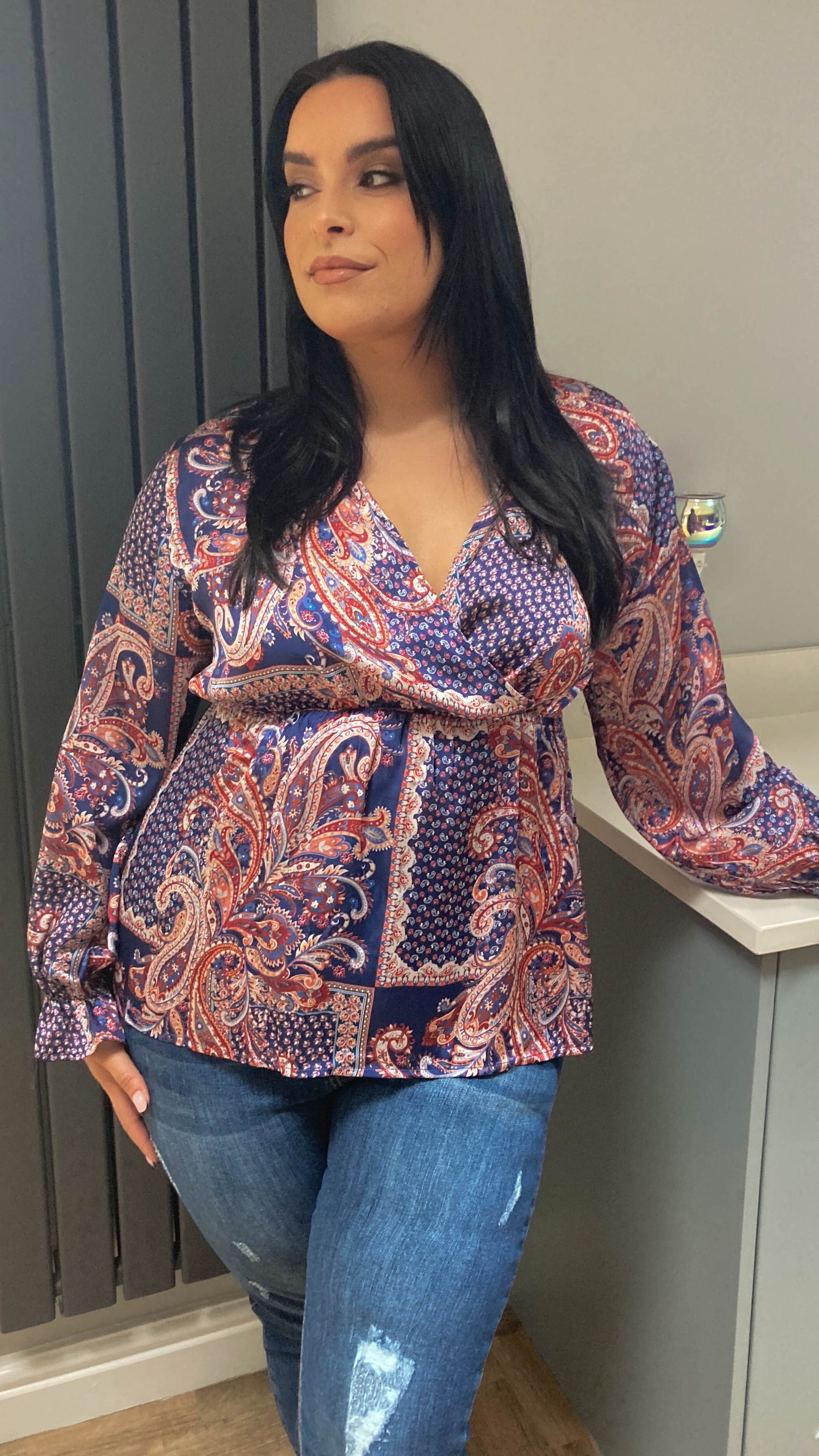 CurveWow Paisley Print Wrap Top Navy