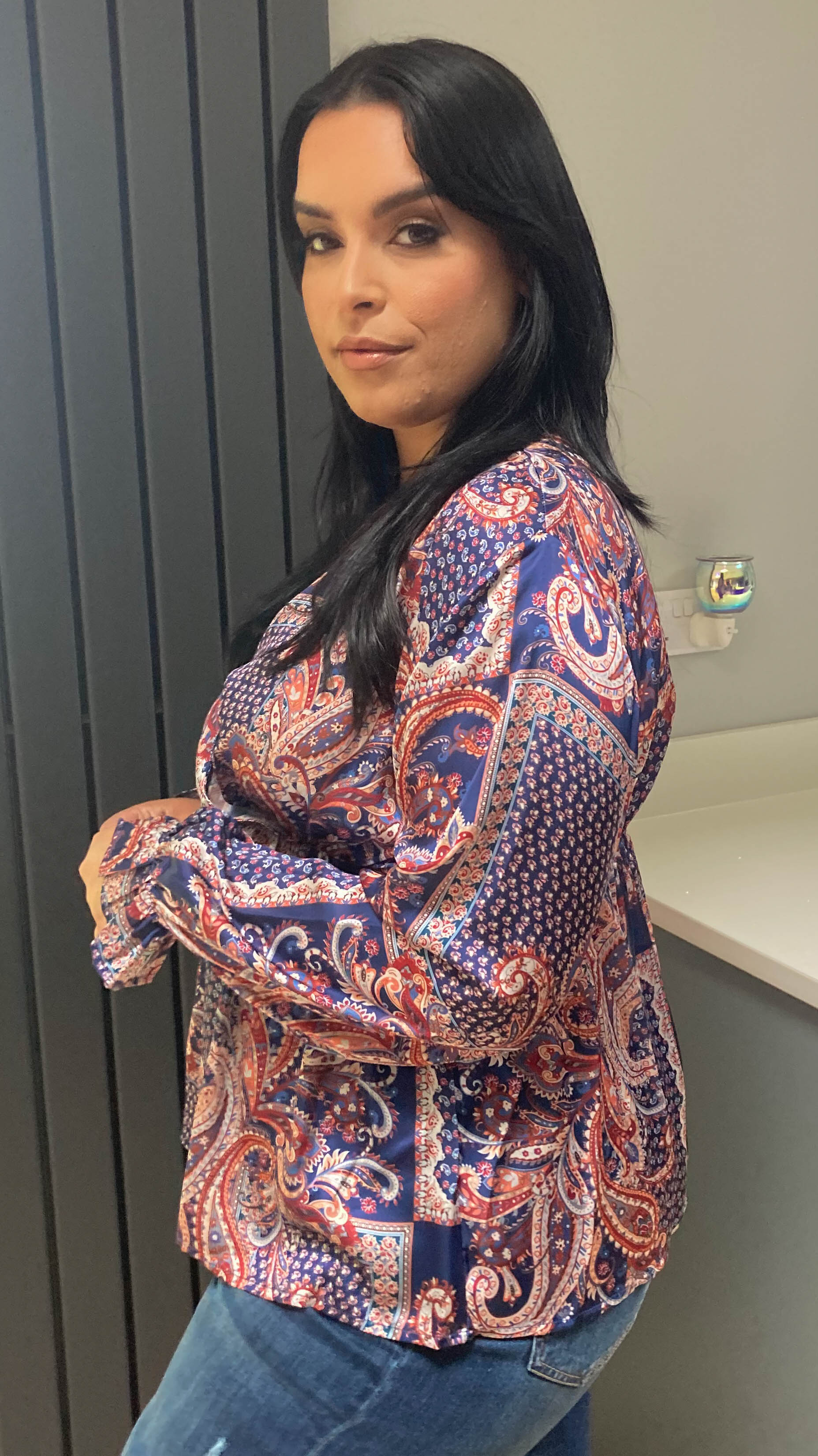 CurveWow Paisley Print Wrap Top Navy