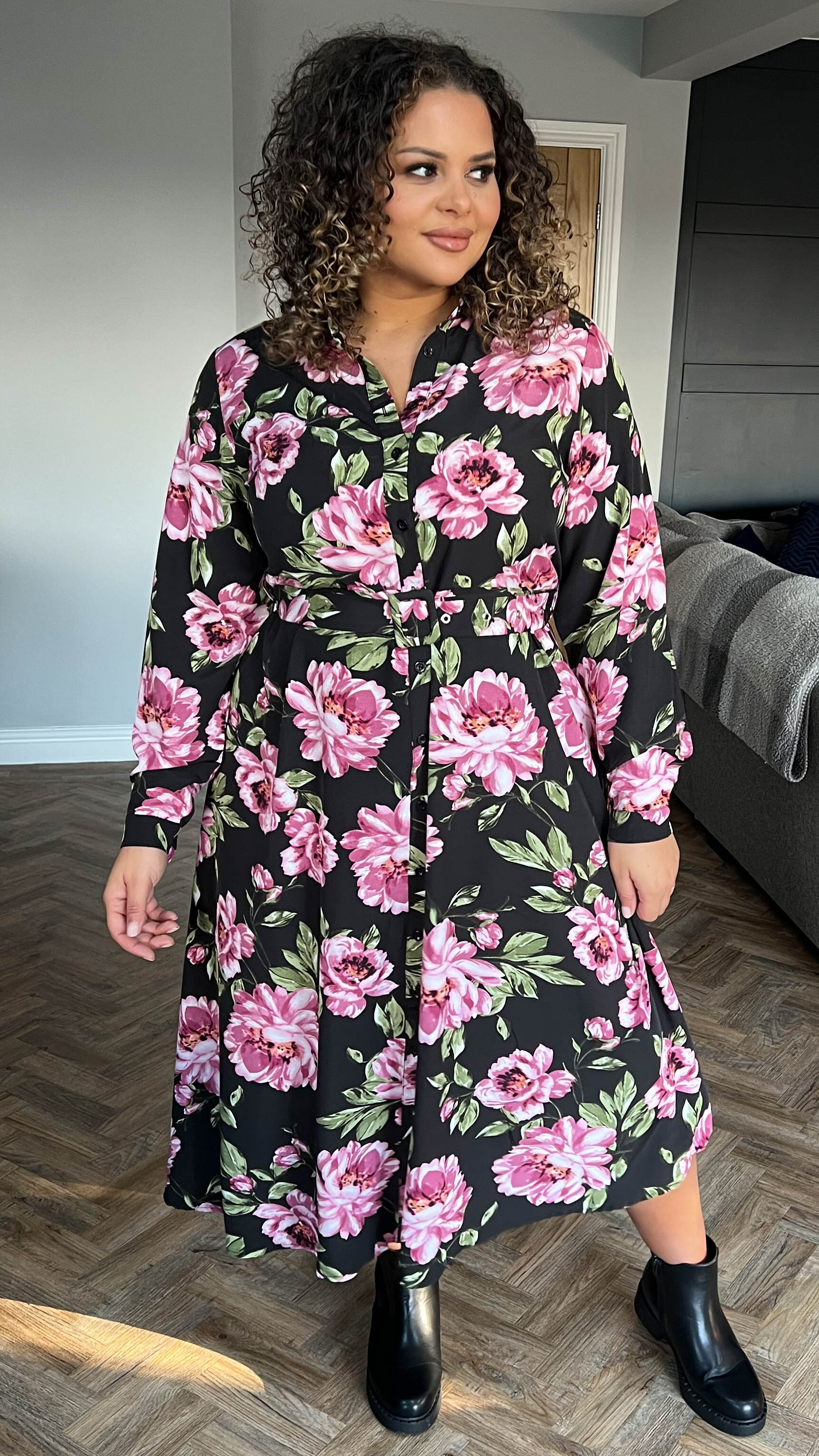 CurveWow Belted Shirt Dress Black Floral