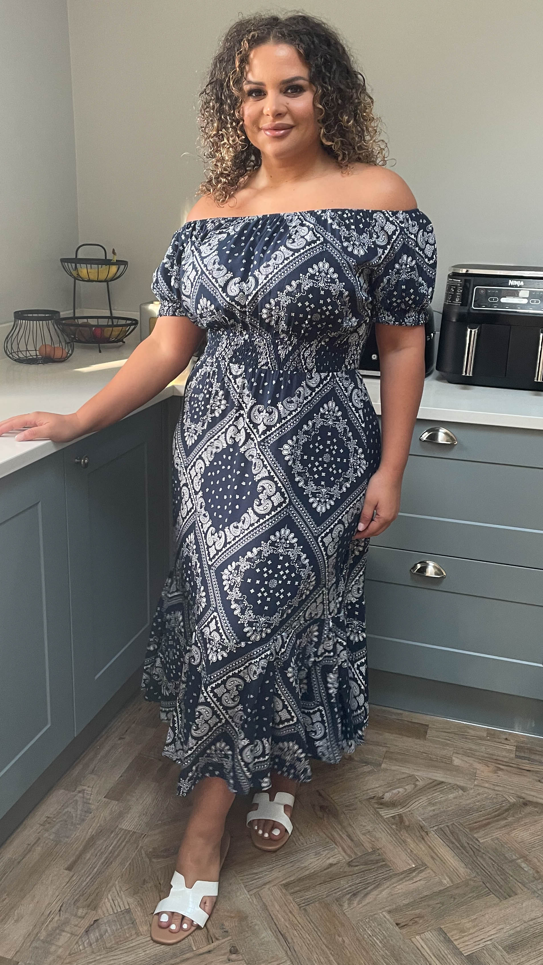 CurveWow Navy & White Paisley Print Bardot Midi Dress