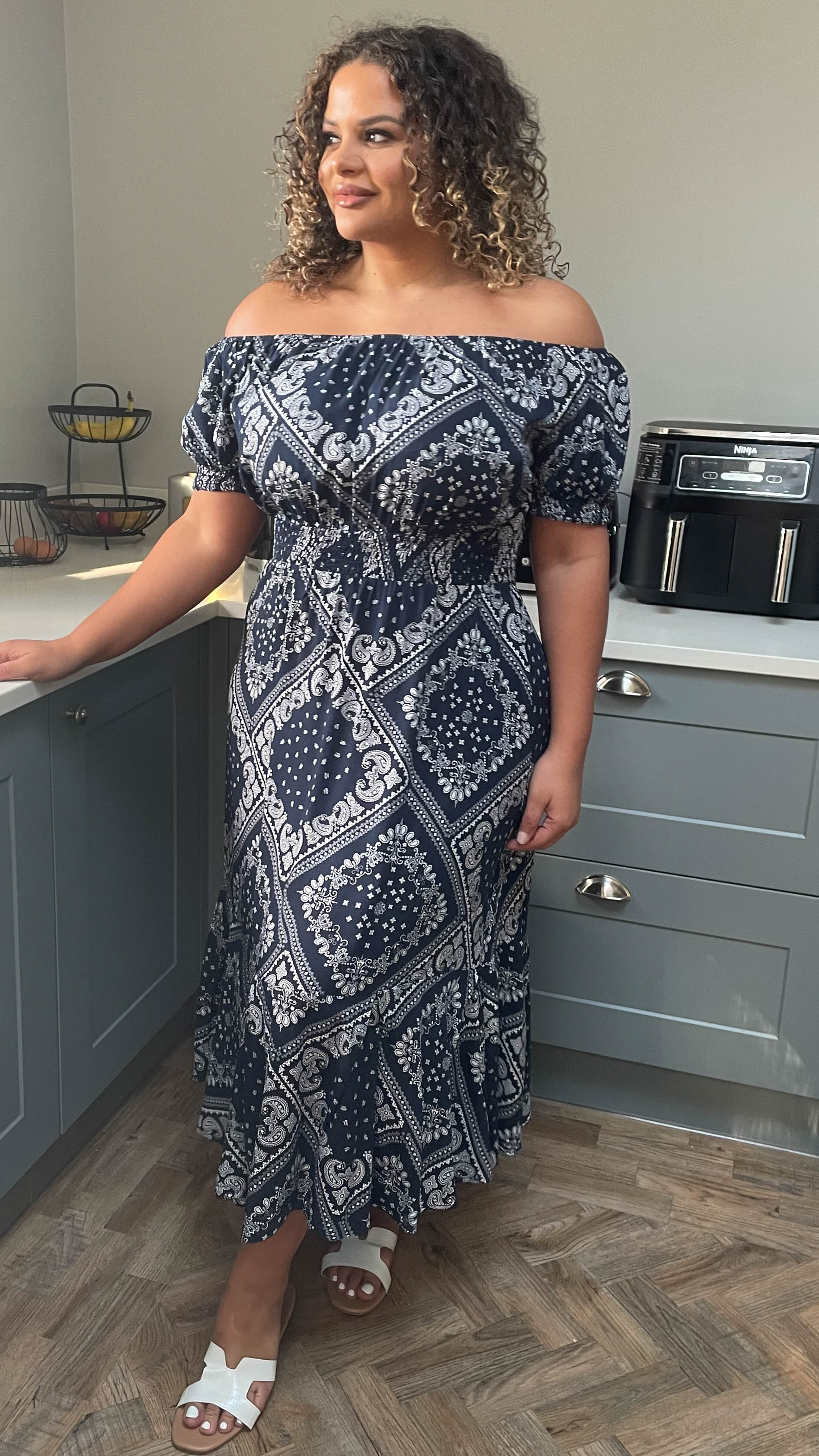 CurveWow Navy & White Paisley Print Bardot Midi Dress