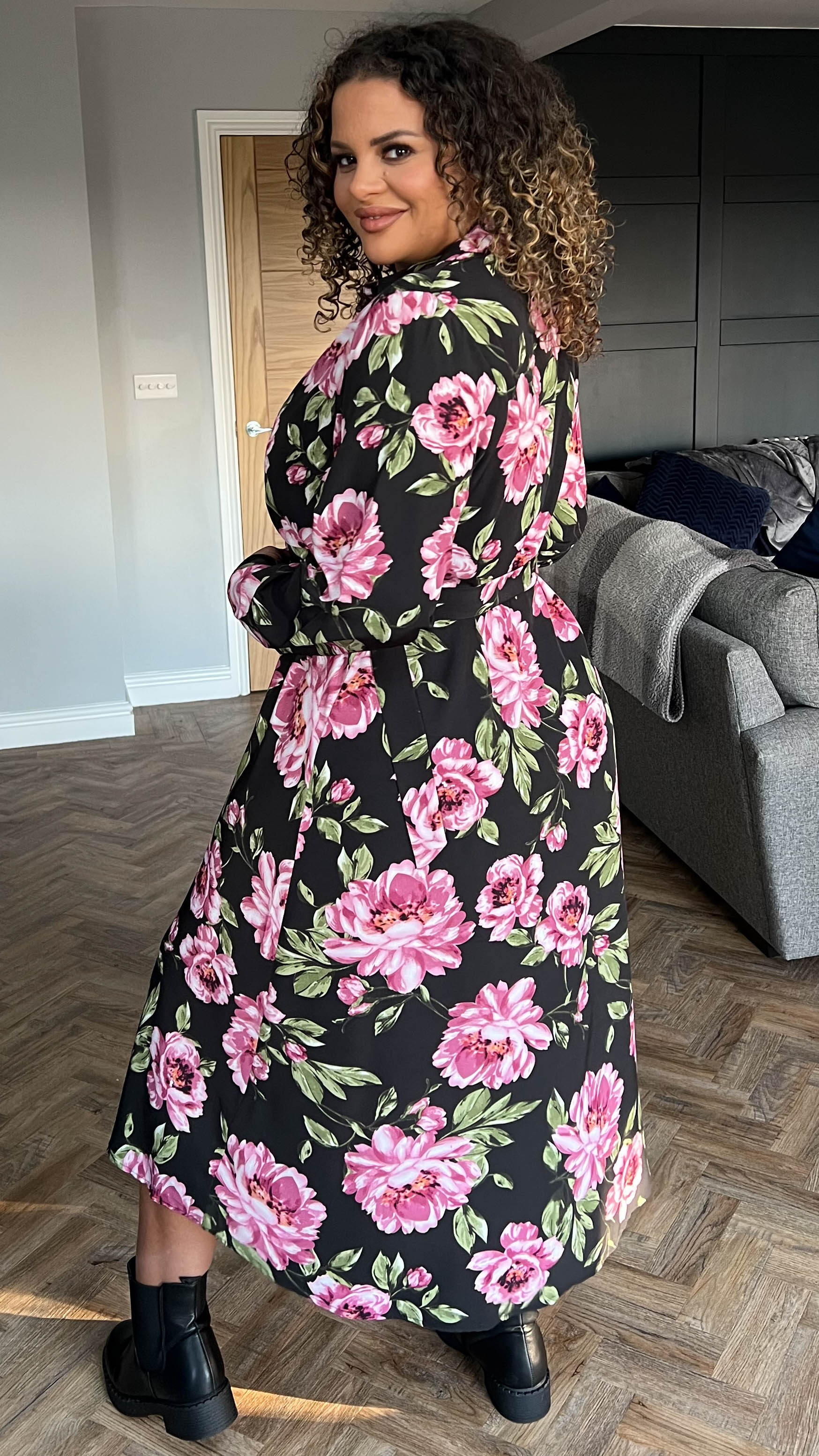 CurveWow Belted Shirt Dress Black Floral