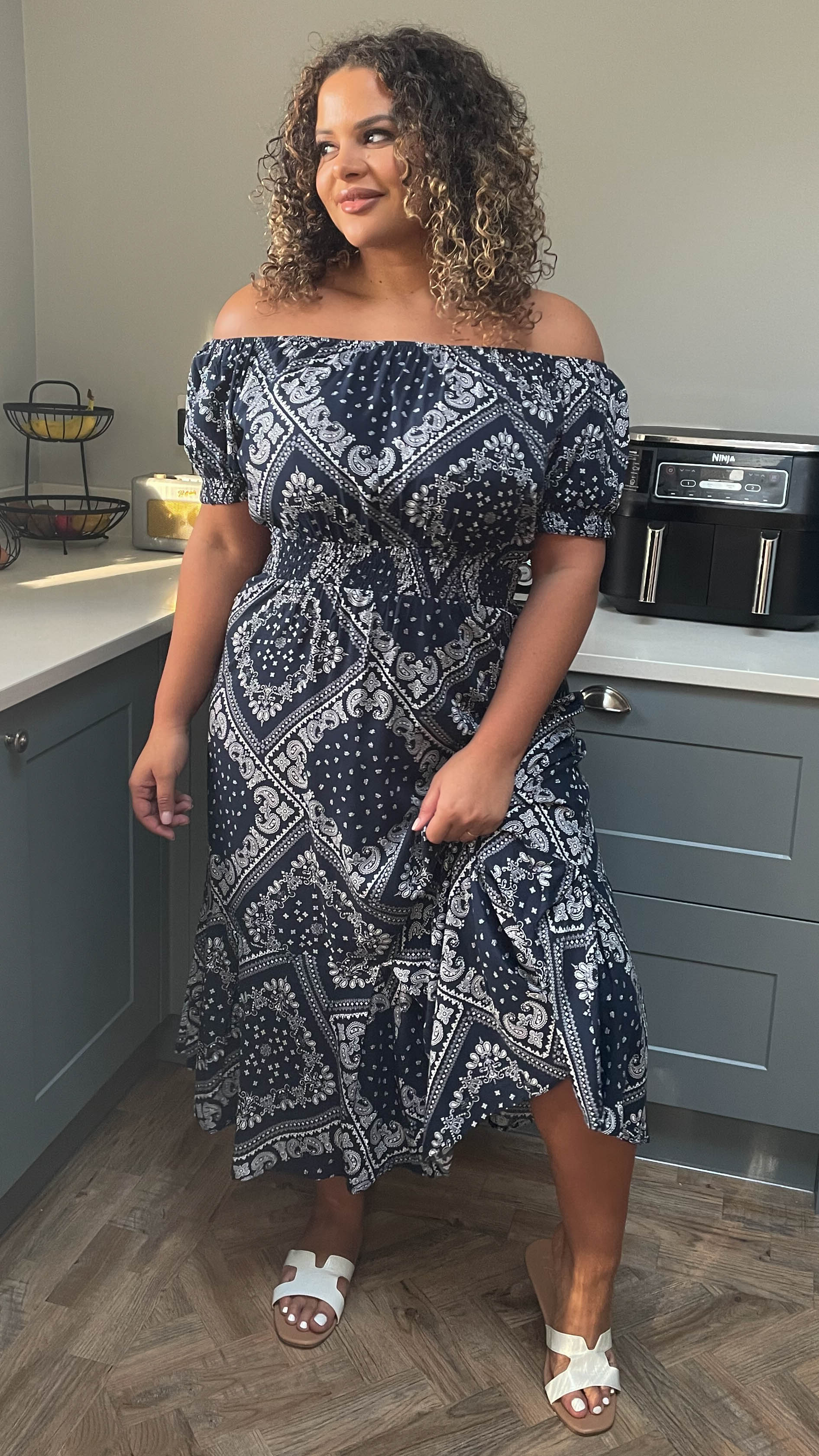 CurveWow Navy & White Paisley Print Bardot Midi Dress