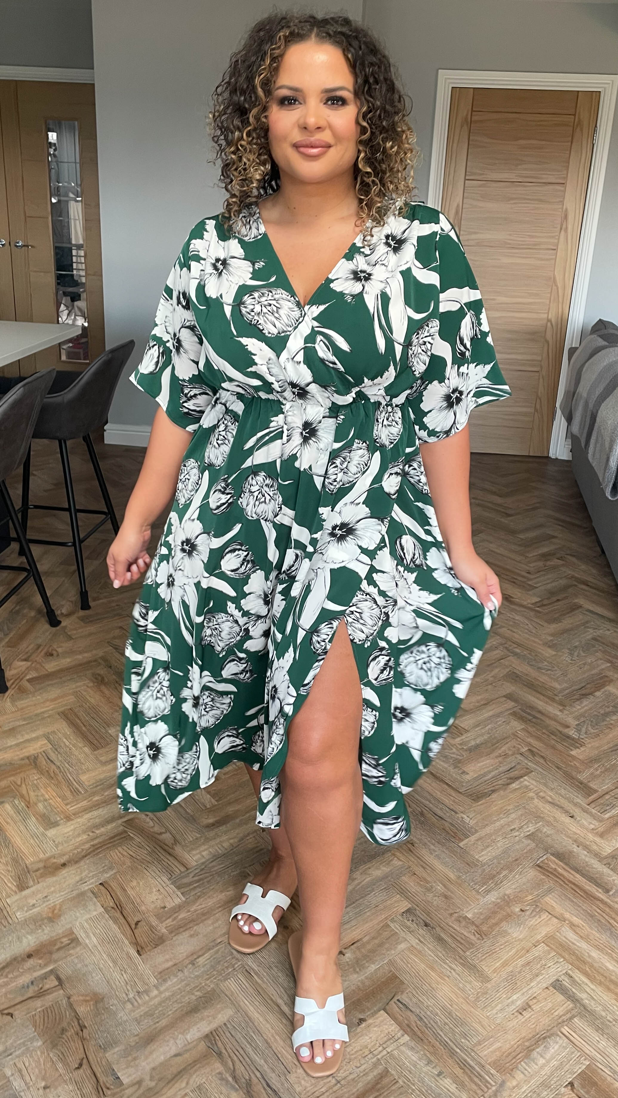 CurveWow Deep Green Floral Wrap Dress