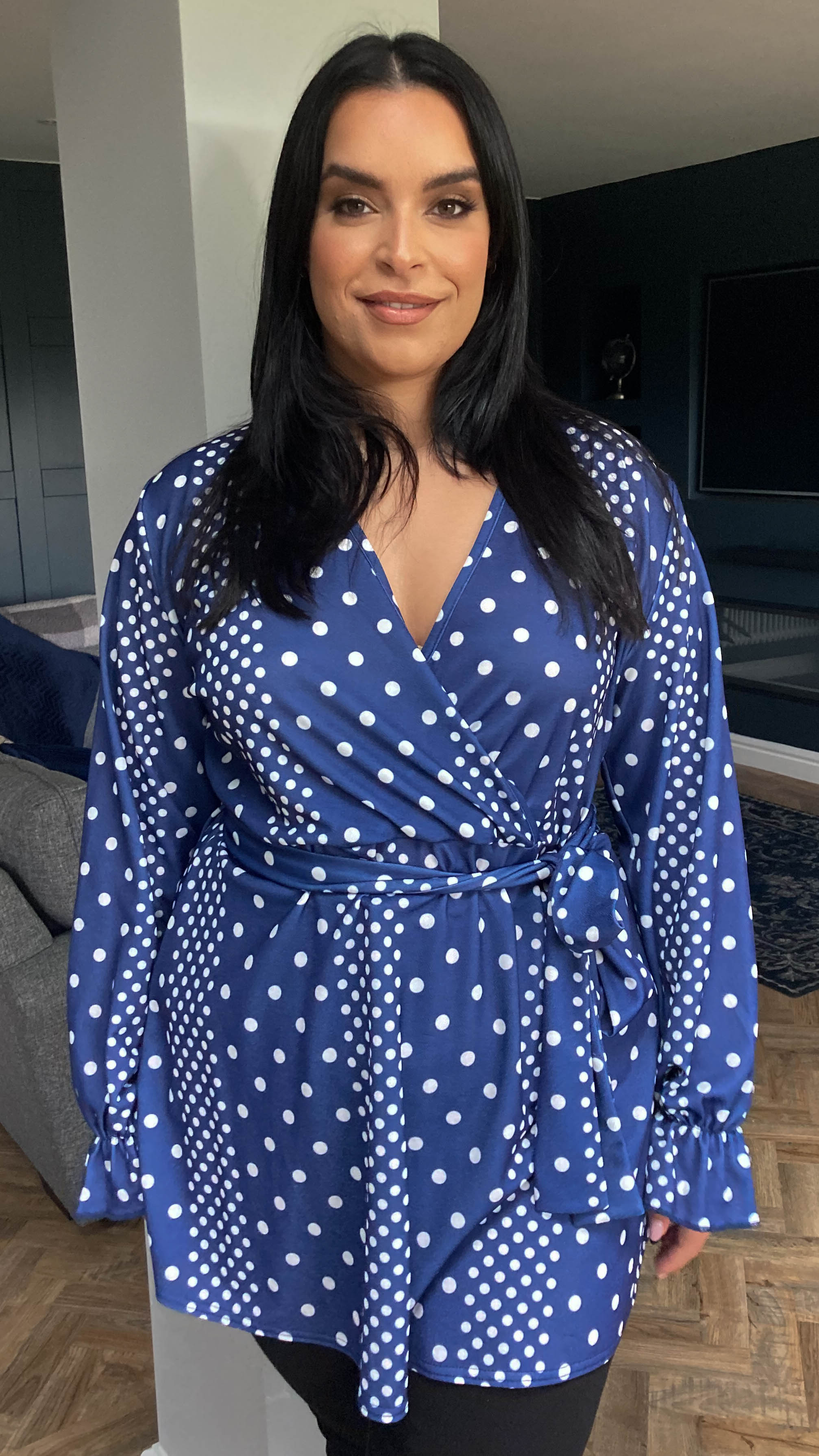 CurveWow Full Belle Sleeve Wrap Top Navy Spot
