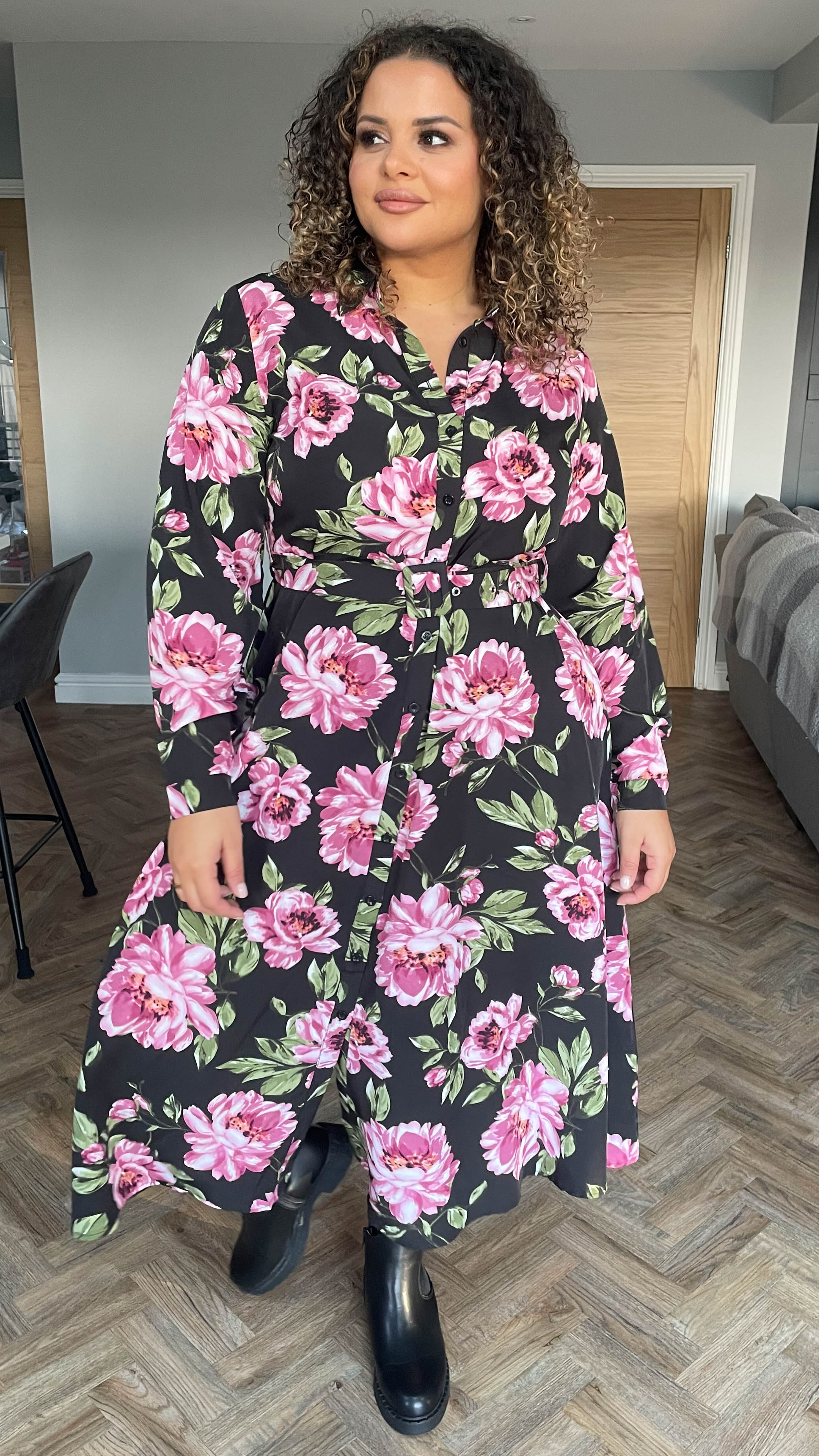 CurveWow Belted Shirt Dress Black Floral