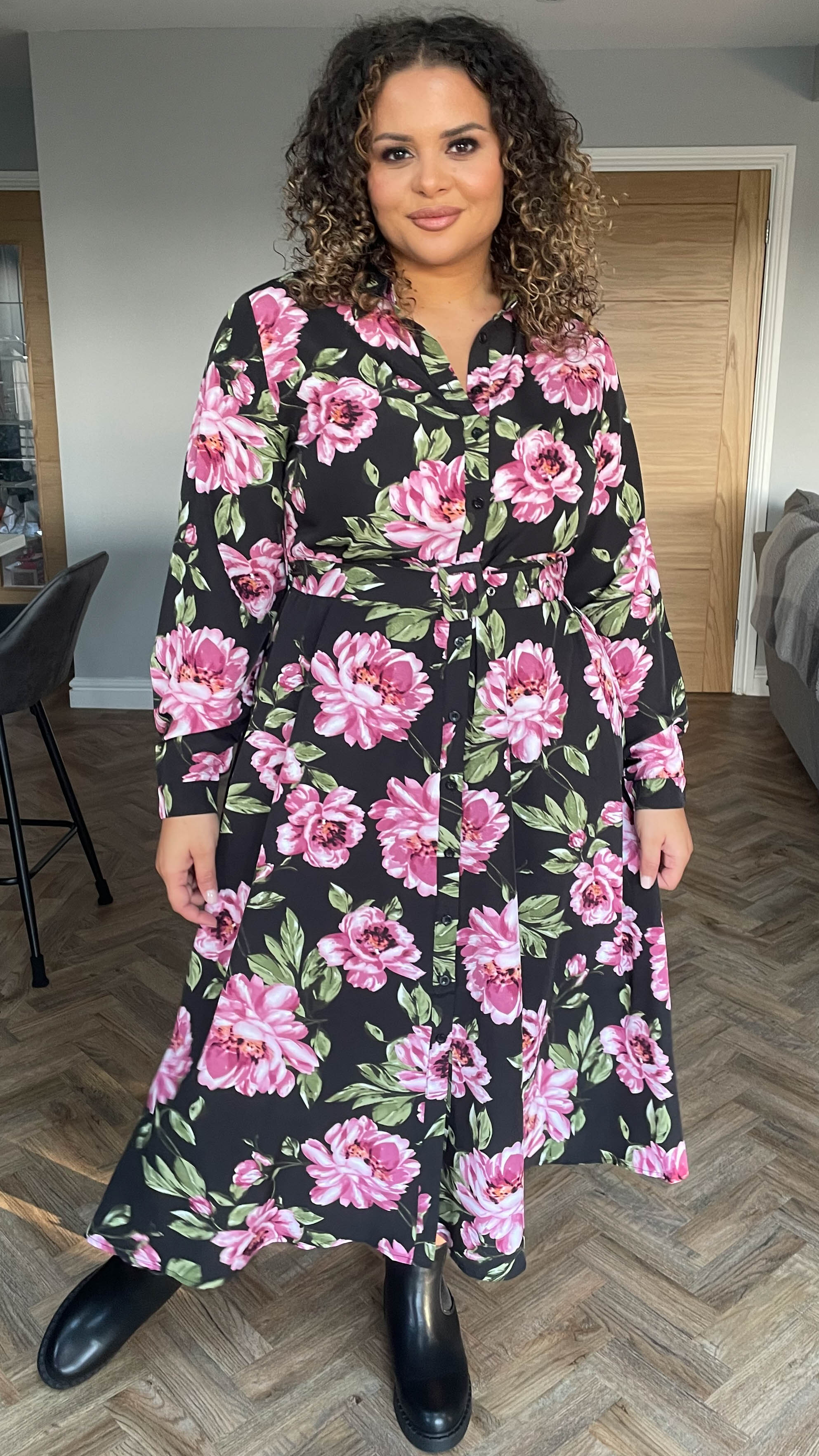 CurveWow Belted Shirt Dress Black Floral