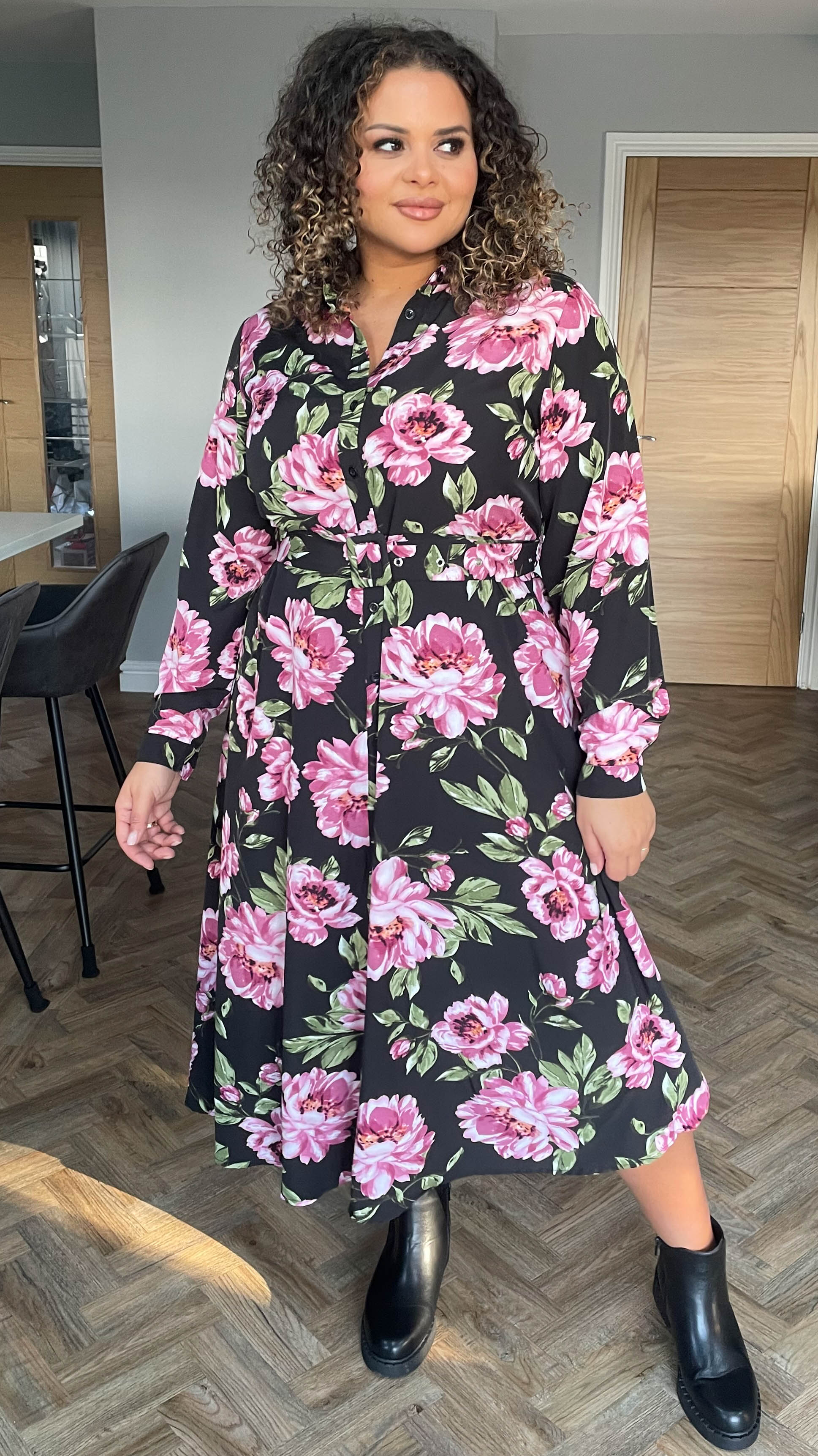 CurveWow Belted Shirt Dress Black Floral