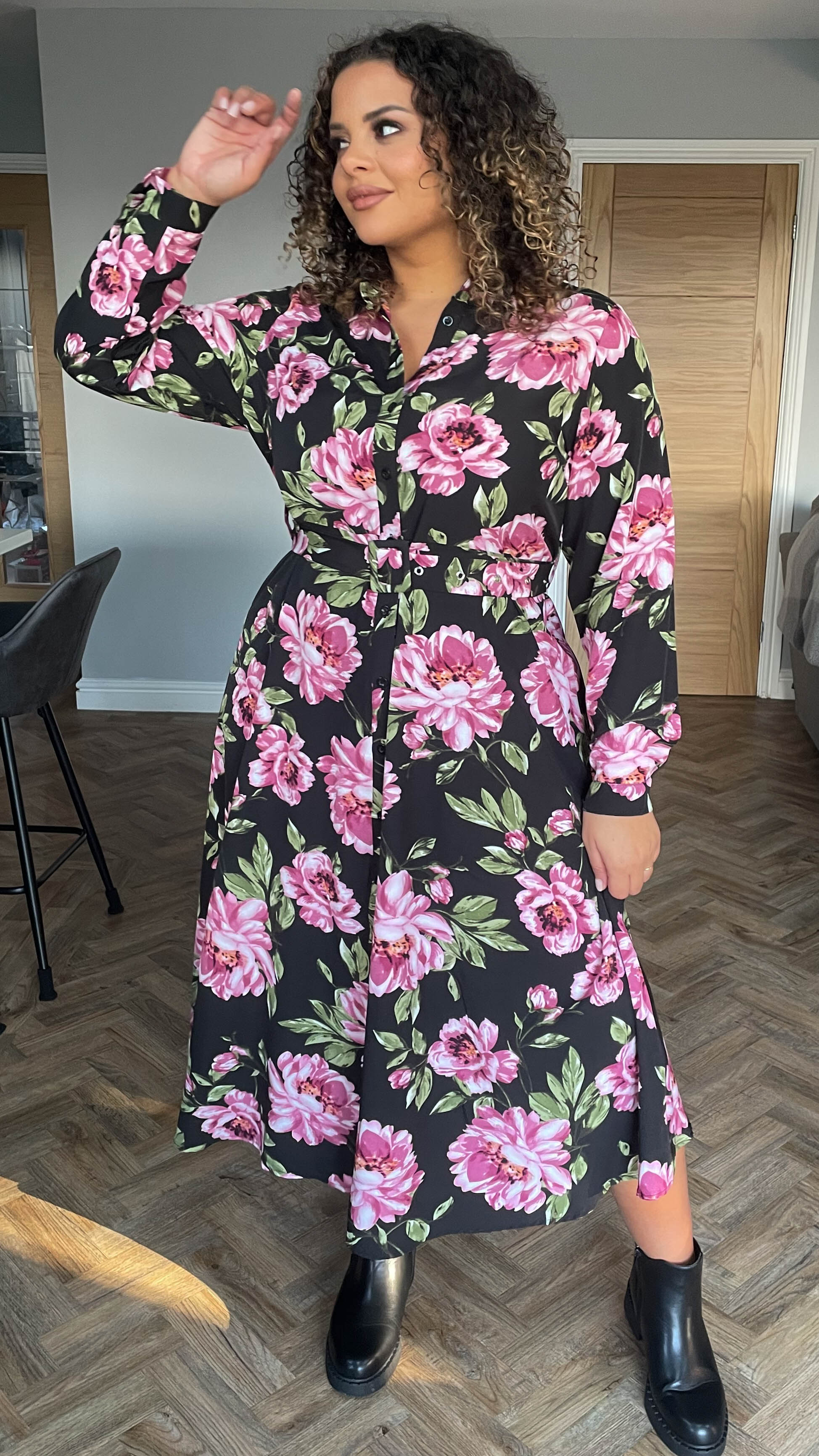CurveWow Belted Shirt Dress Black Floral