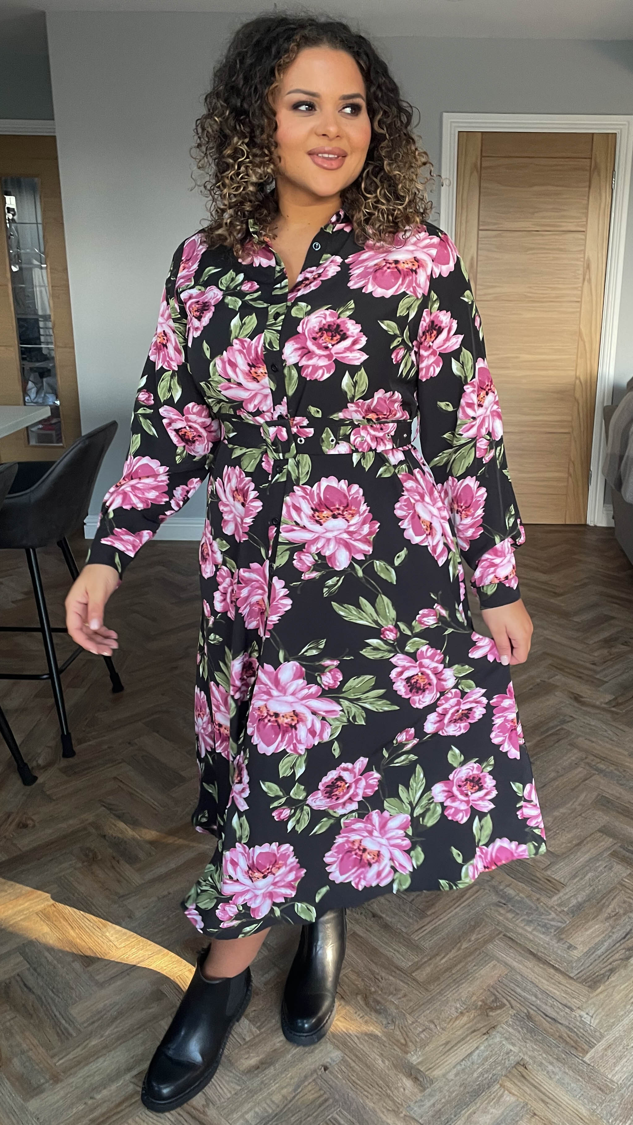 CurveWow Belted Shirt Dress Black Floral