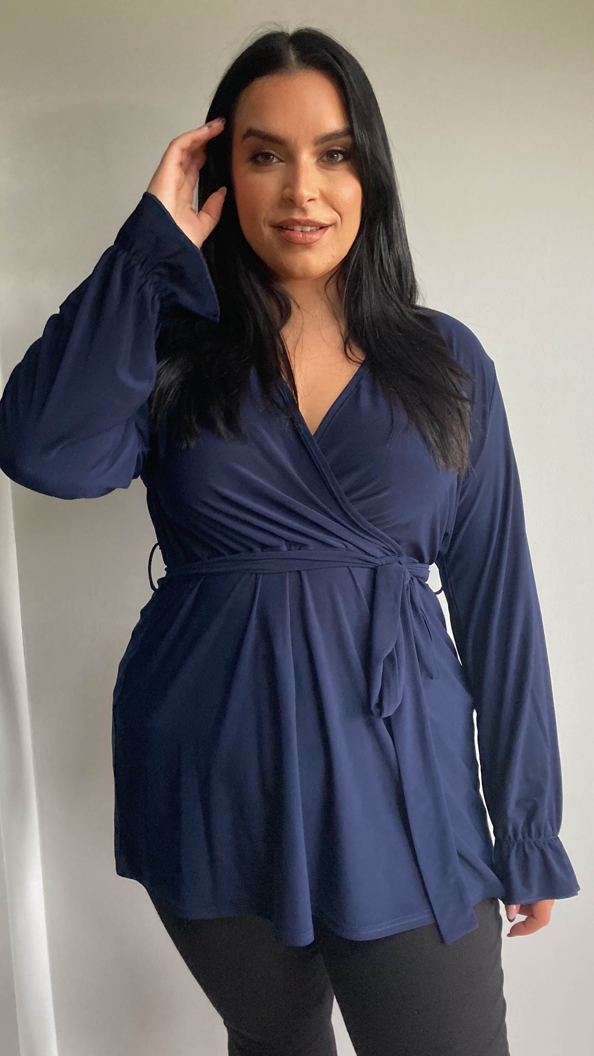 CurveWow Long Sleeve Wrap Top Navy