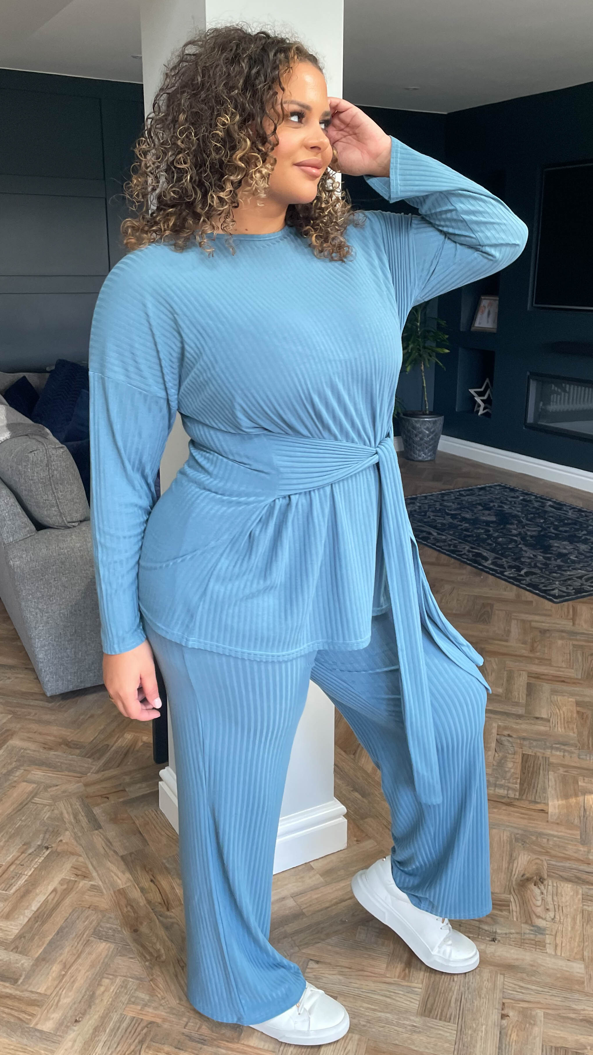 CurveWow Ribbed Tie Waist Lounge Top Blue