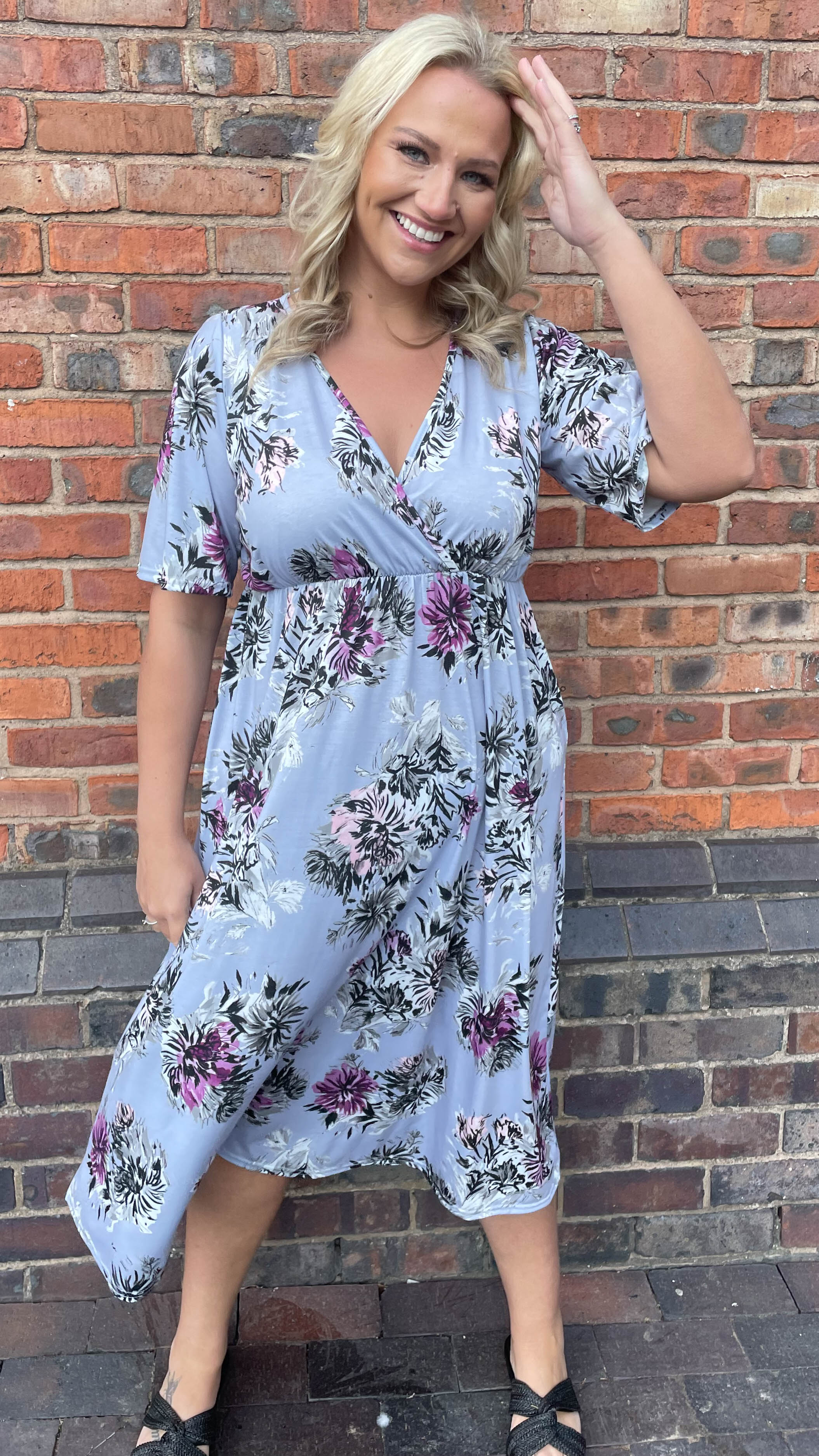 CurveWow Purple Floral Wrap Midi Dress