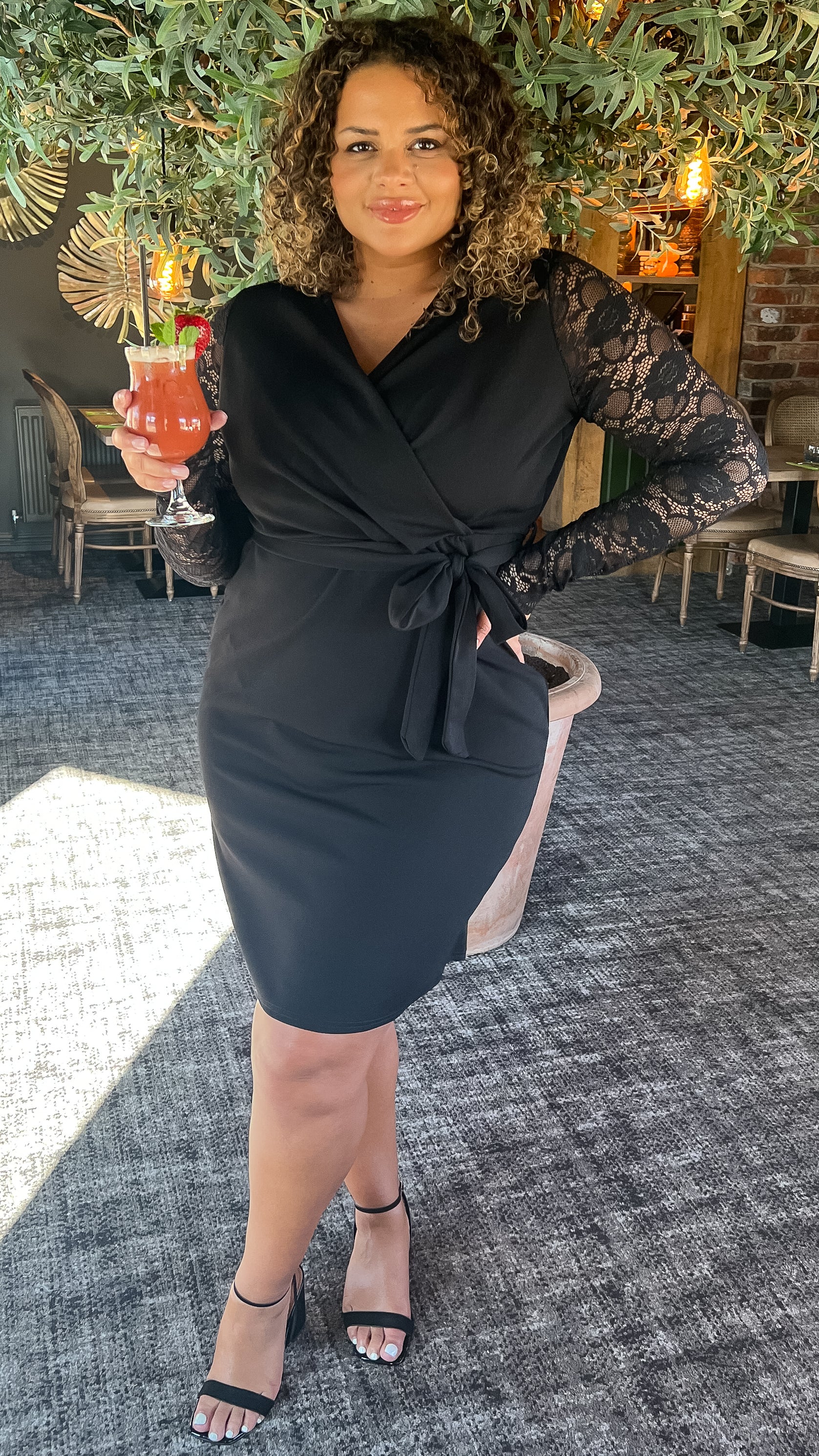 CurveWow Lace Sleeve Wrap Dress Black