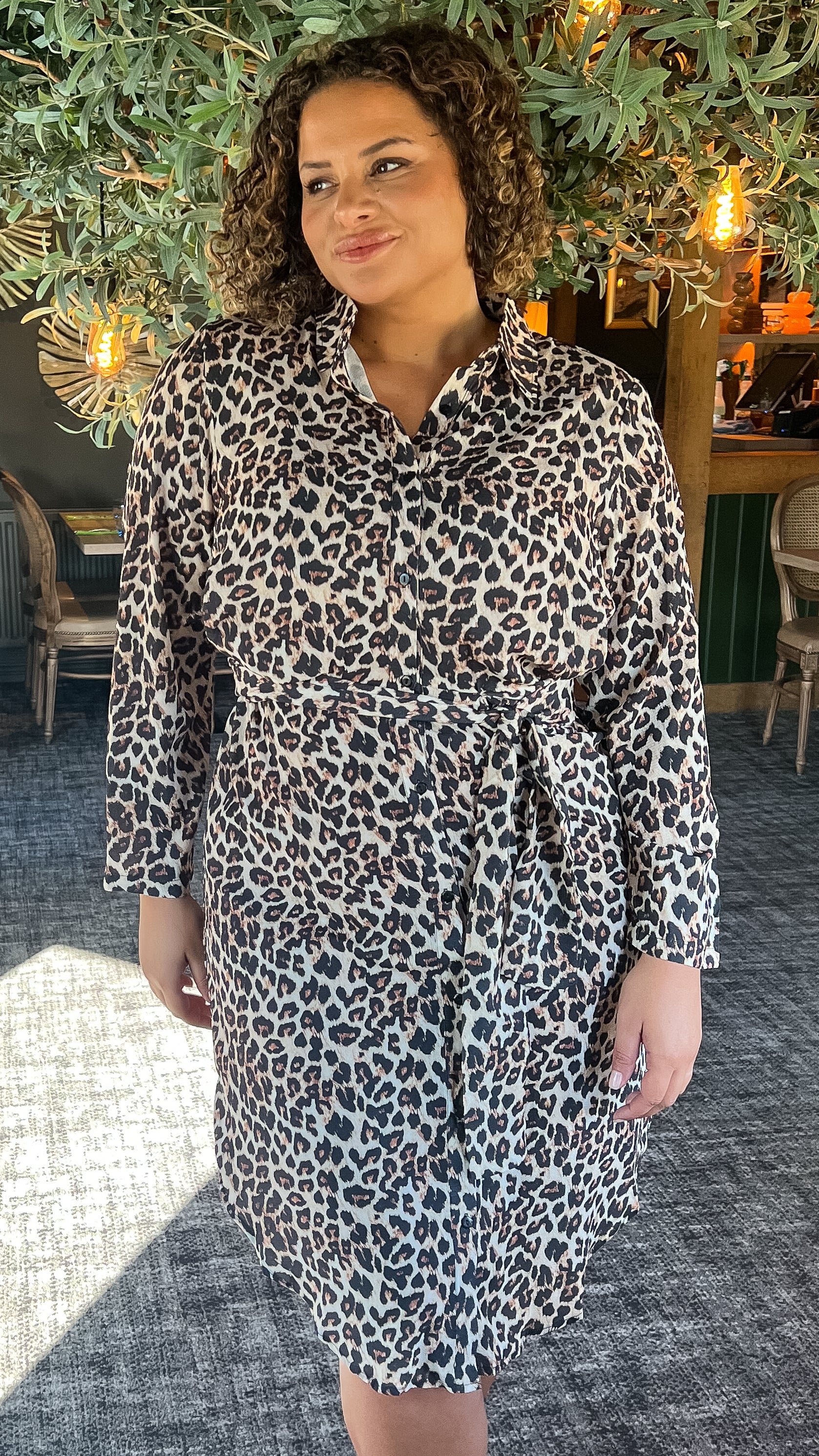 CurveWow Tie Waist Shirt Dress Leopard