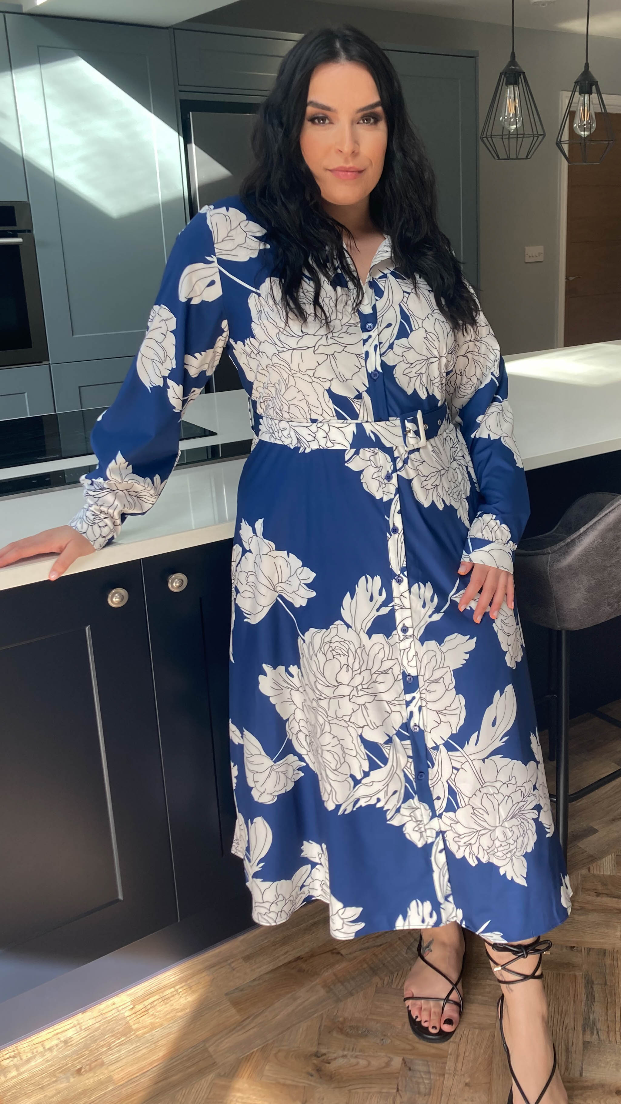 CurveWow Belted Shirt Dress Navy Floral