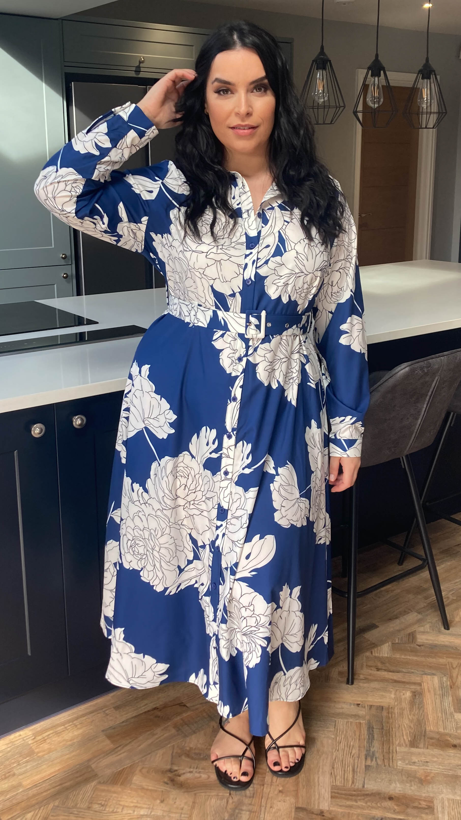 CurveWow Belted Shirt Dress Navy Floral