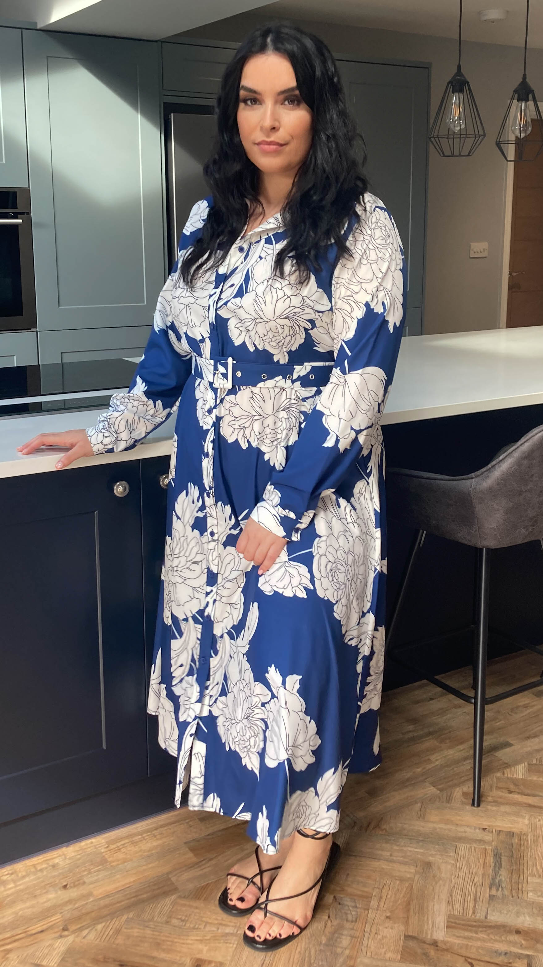 CurveWow Belted Shirt Dress Navy Floral