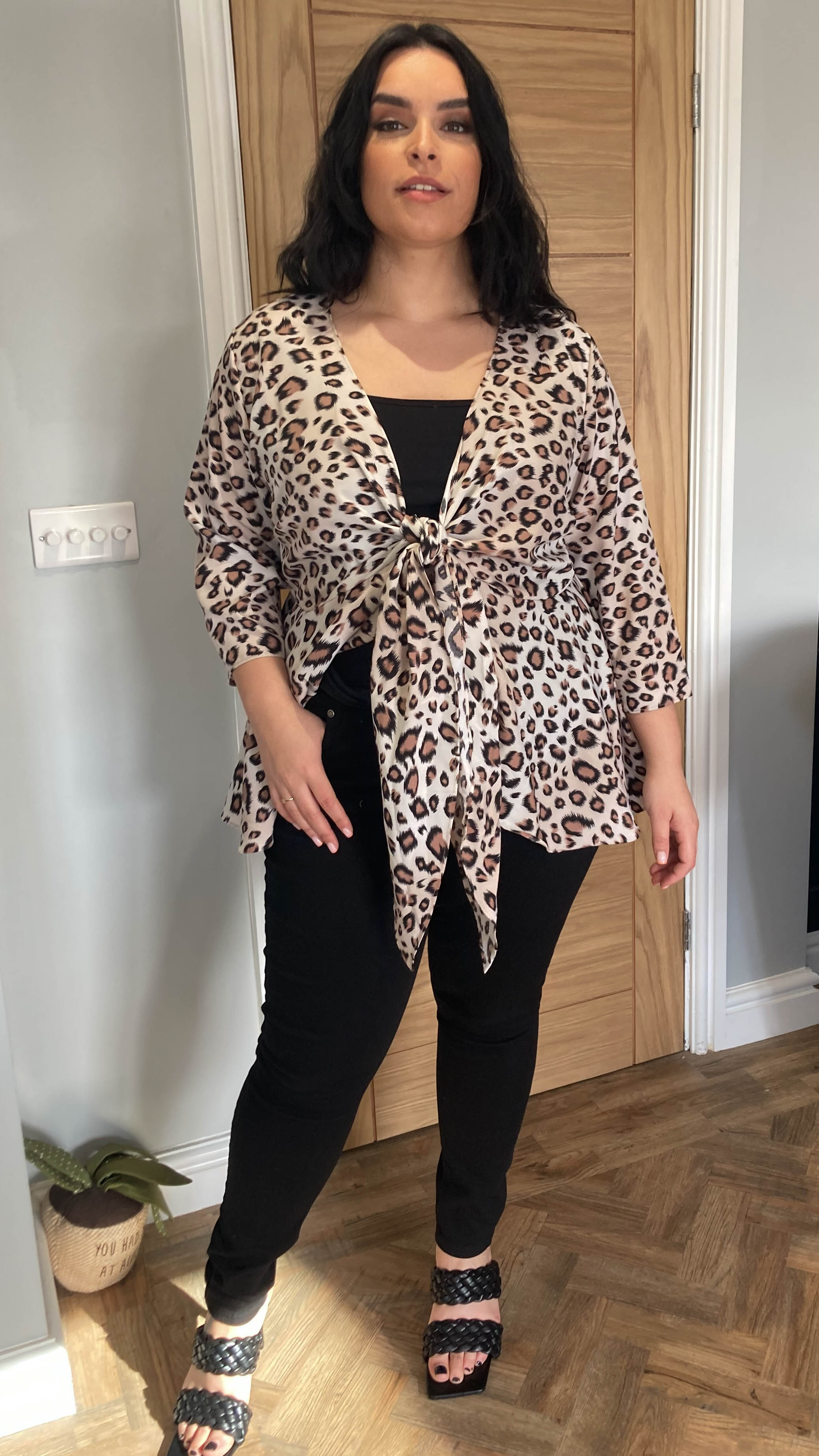 CurveWow Tie Front Peplum Top Leopard Print