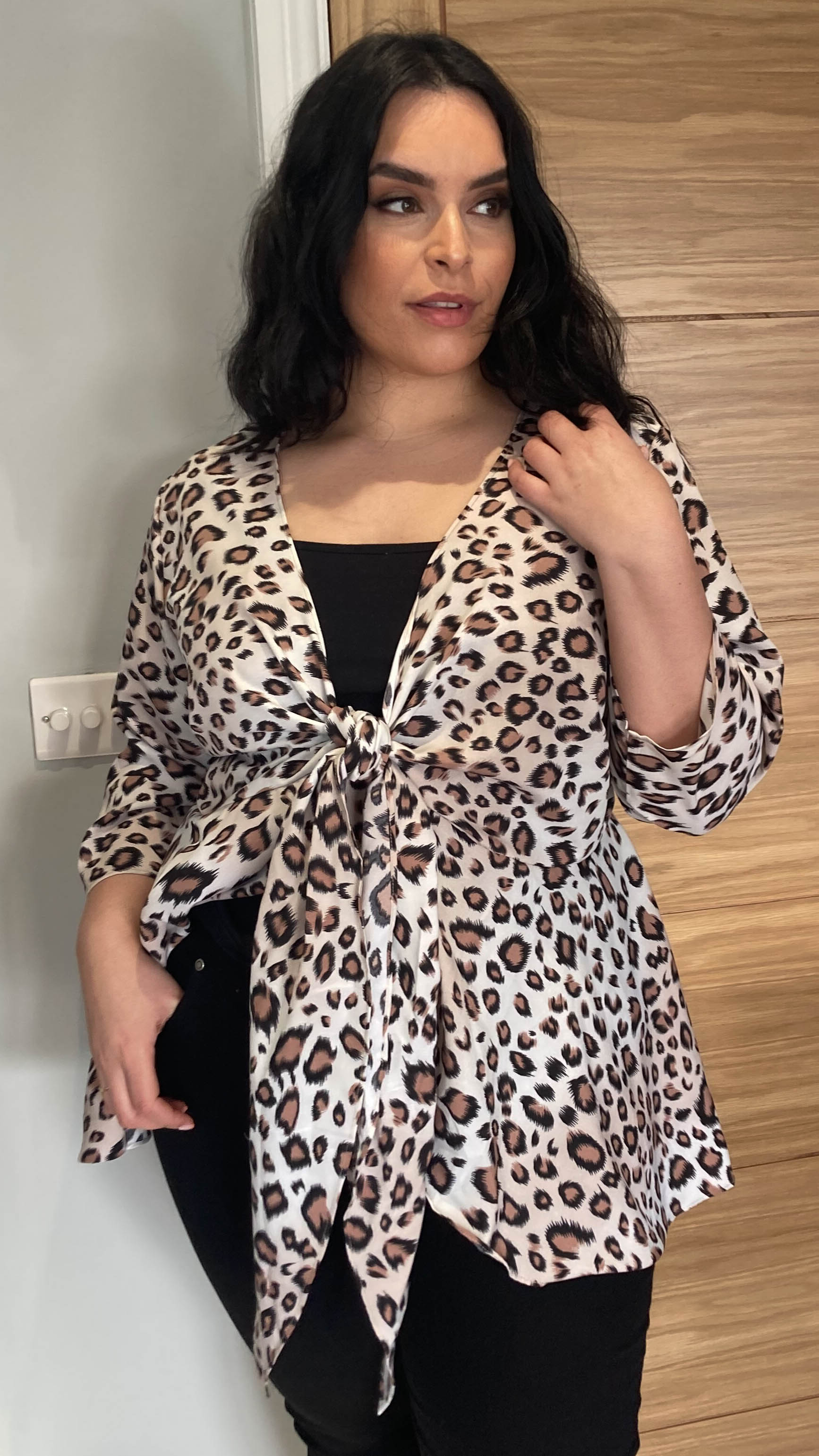 CurveWow Tie Front Peplum Top Leopard Print