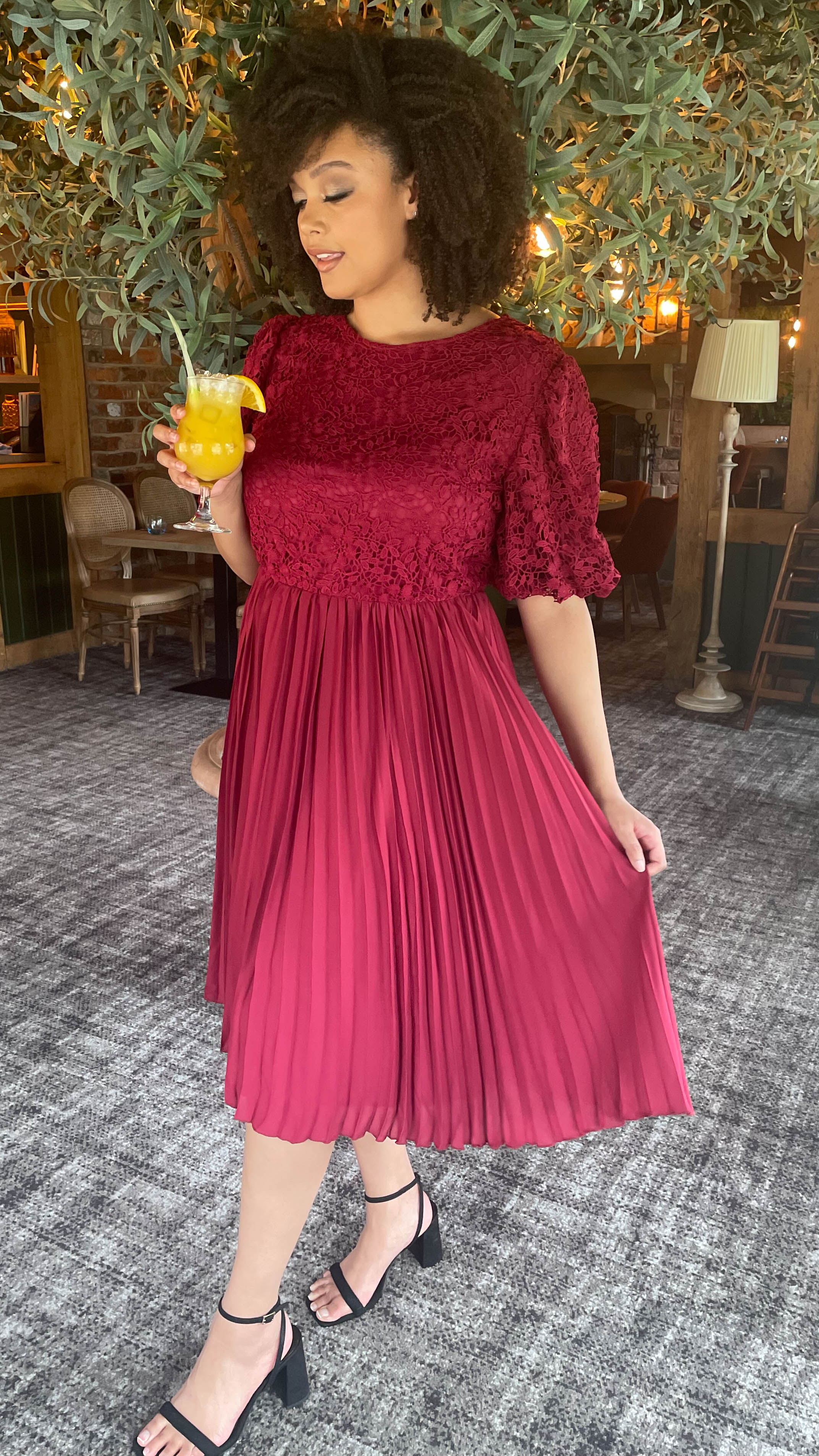 CurveWow Lace Top Pleated Dress Wine