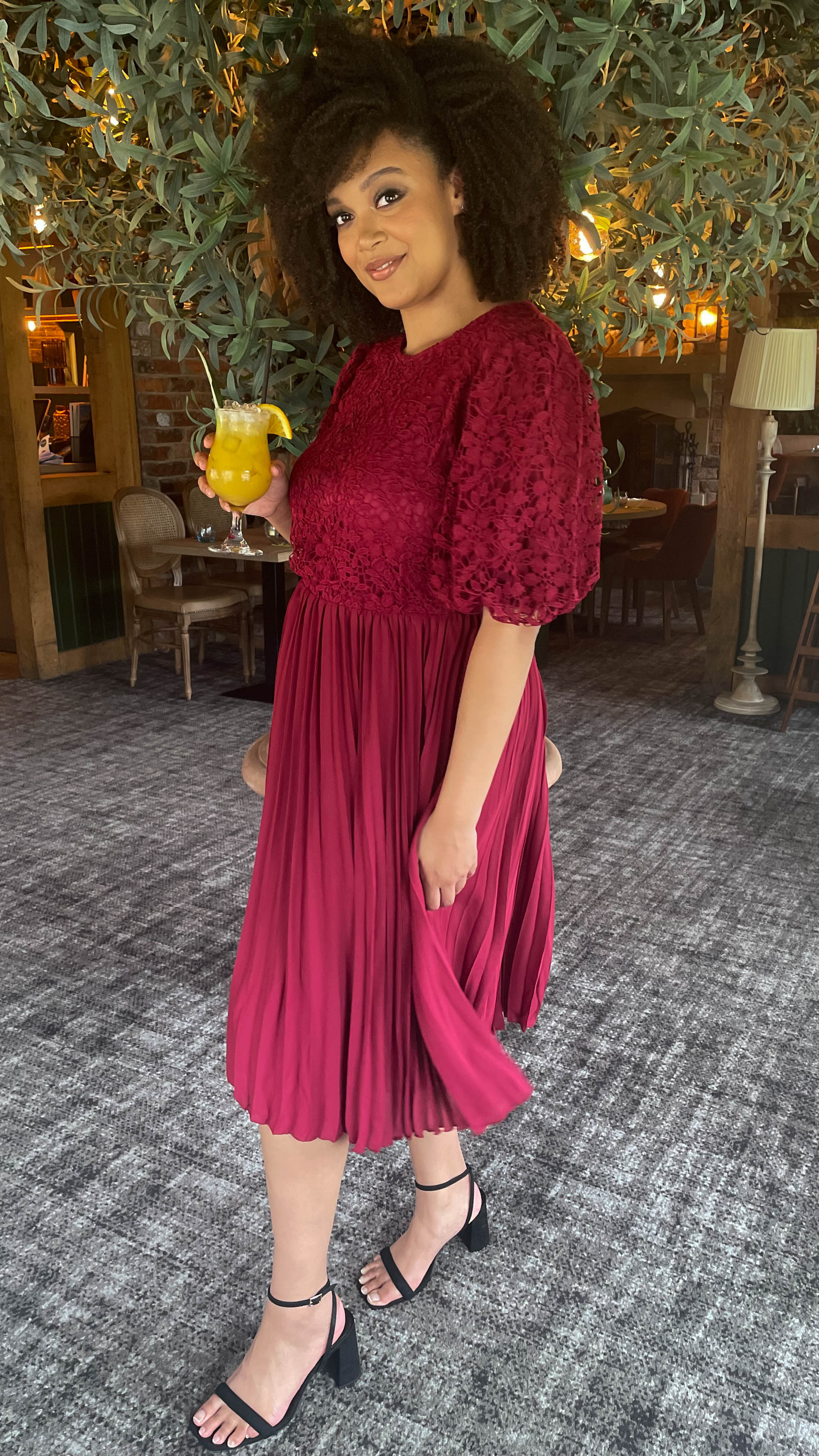 CurveWow Lace Top Pleated Dress Wine