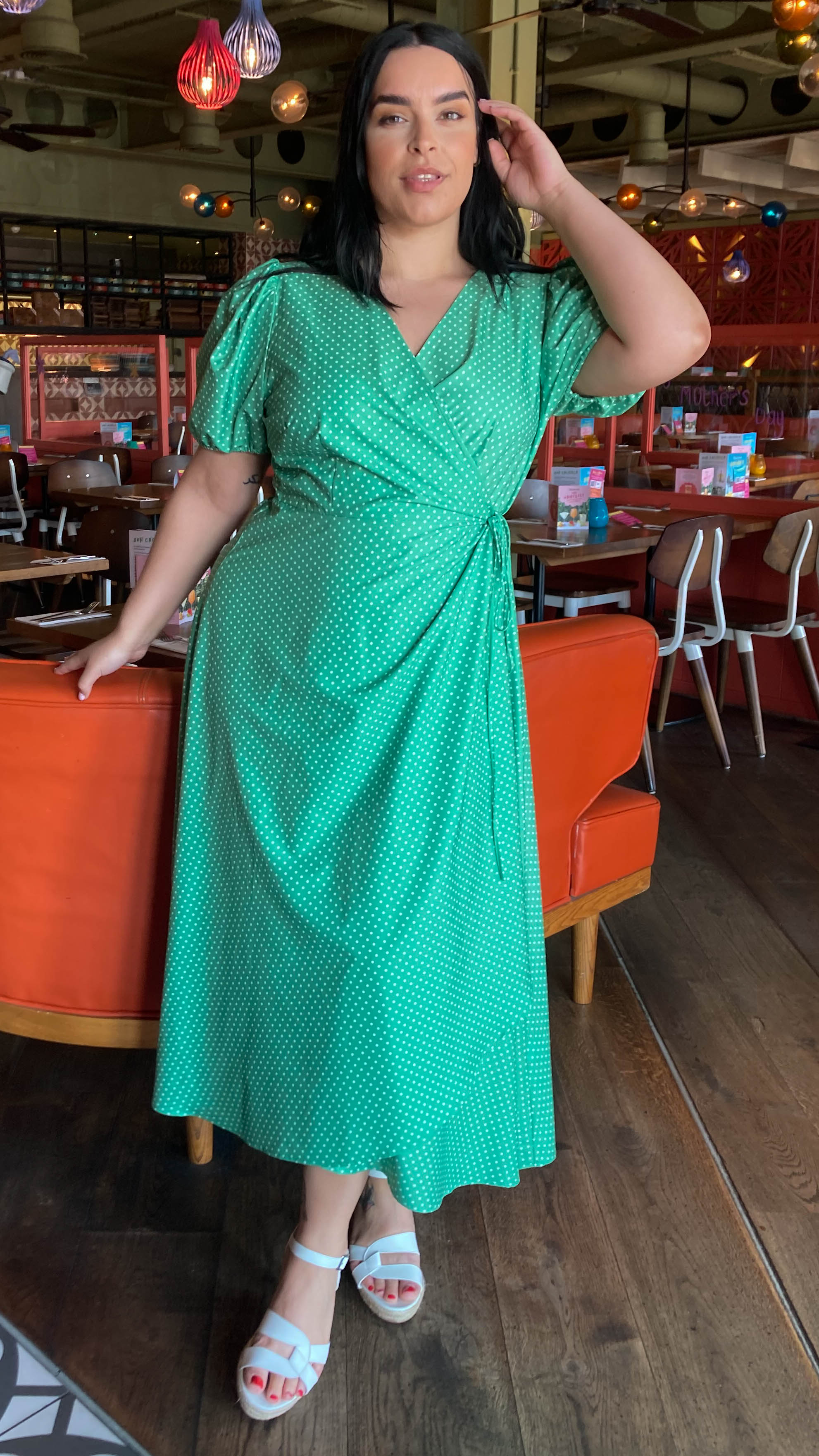 CurveWow Puff Sleeve Wrap Dress Green Spot