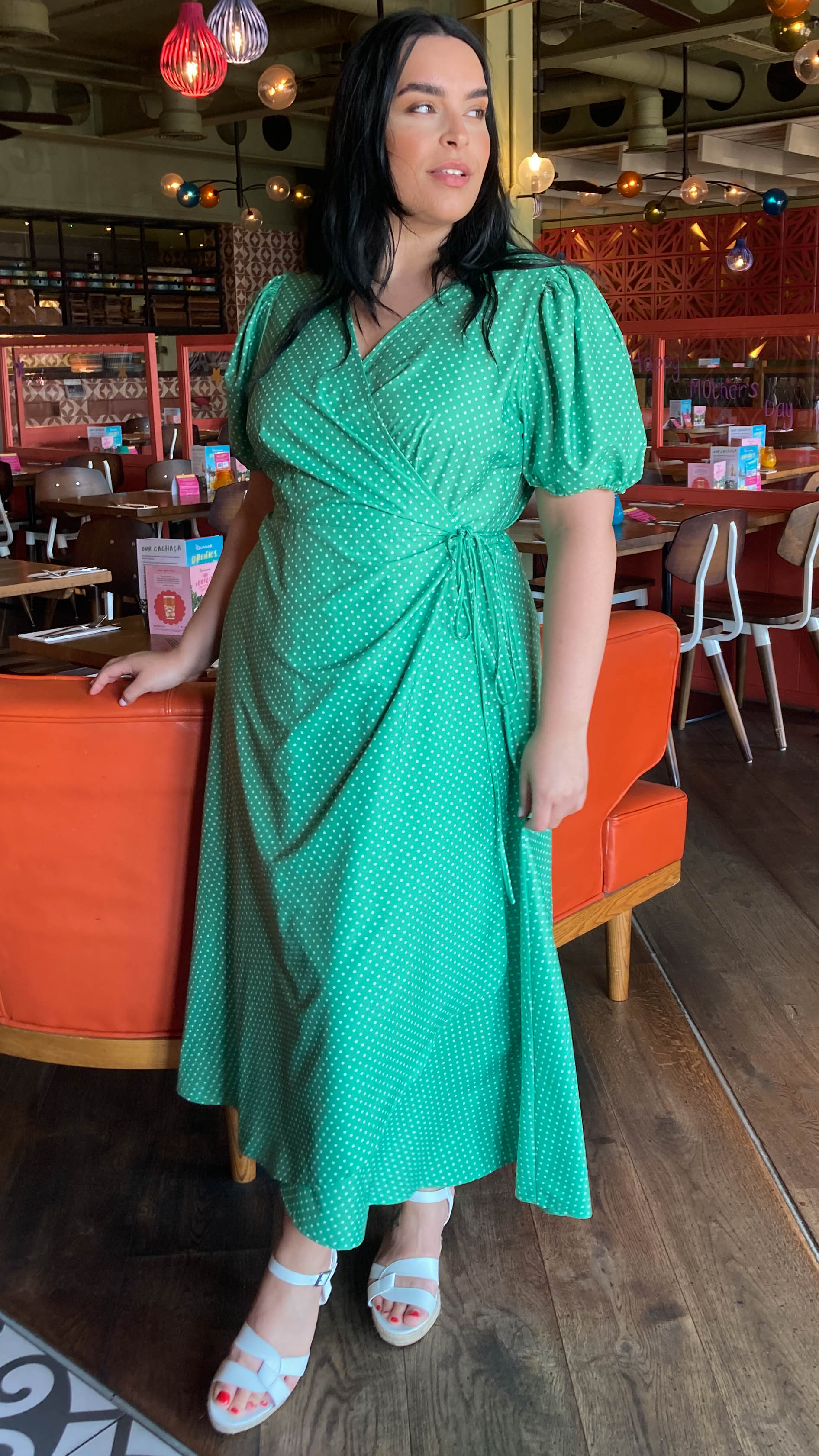 CurveWow Puff Sleeve Wrap Dress Green Spot