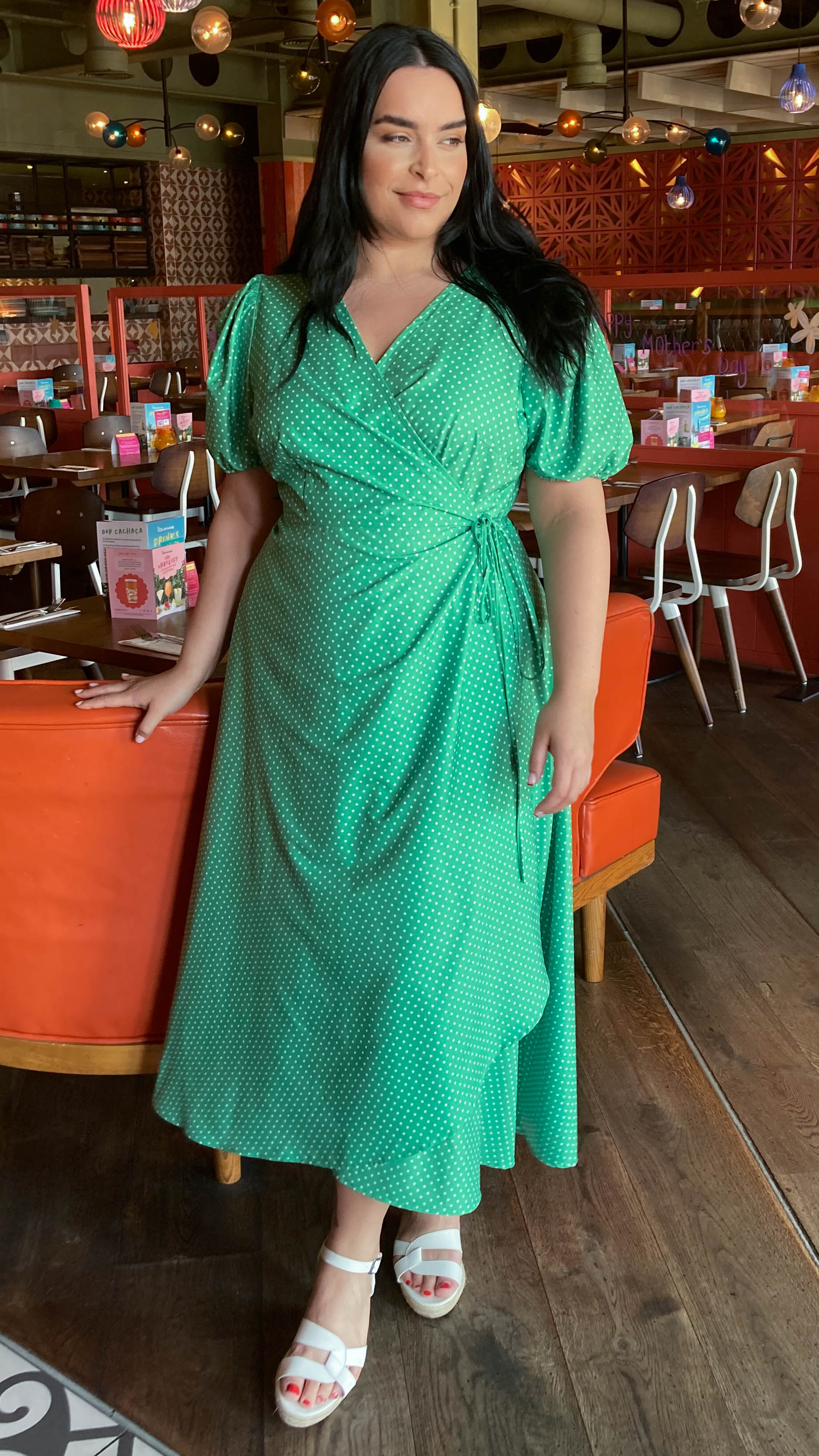 CurveWow Puff Sleeve Wrap Dress Green Spot