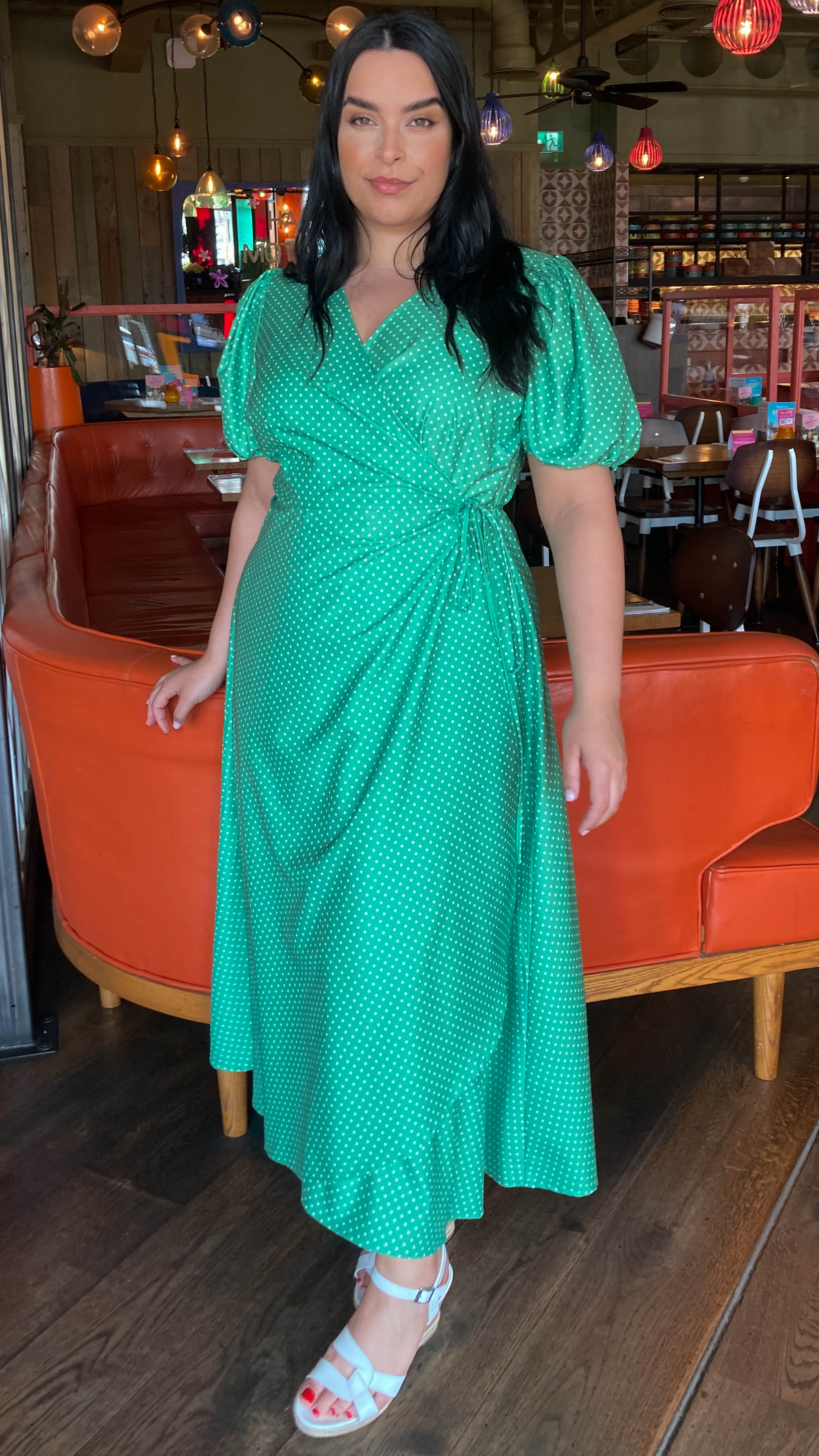 CurveWow Puff Sleeve Wrap Dress Green Spot