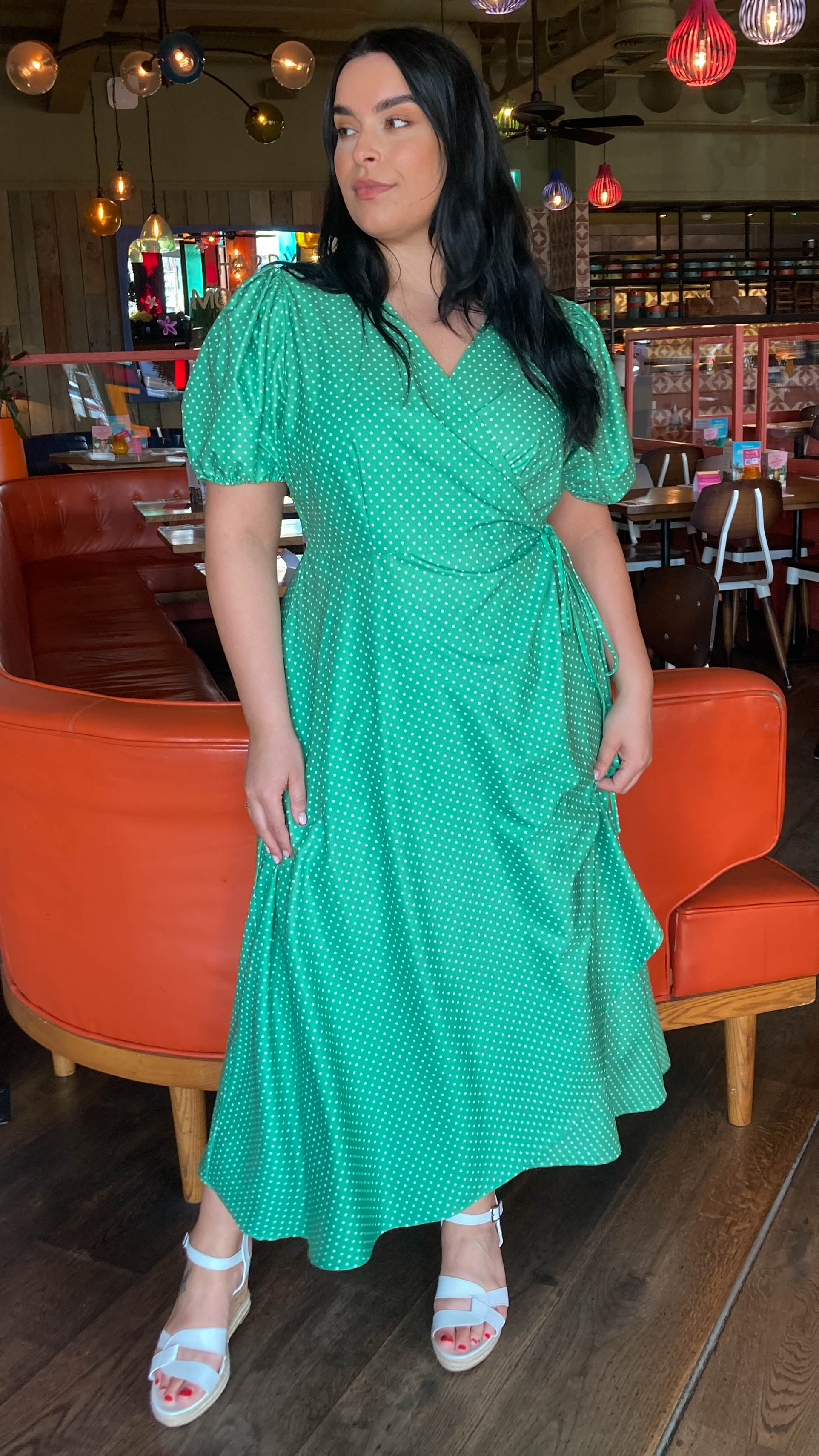 CurveWow Puff Sleeve Wrap Dress Green Spot