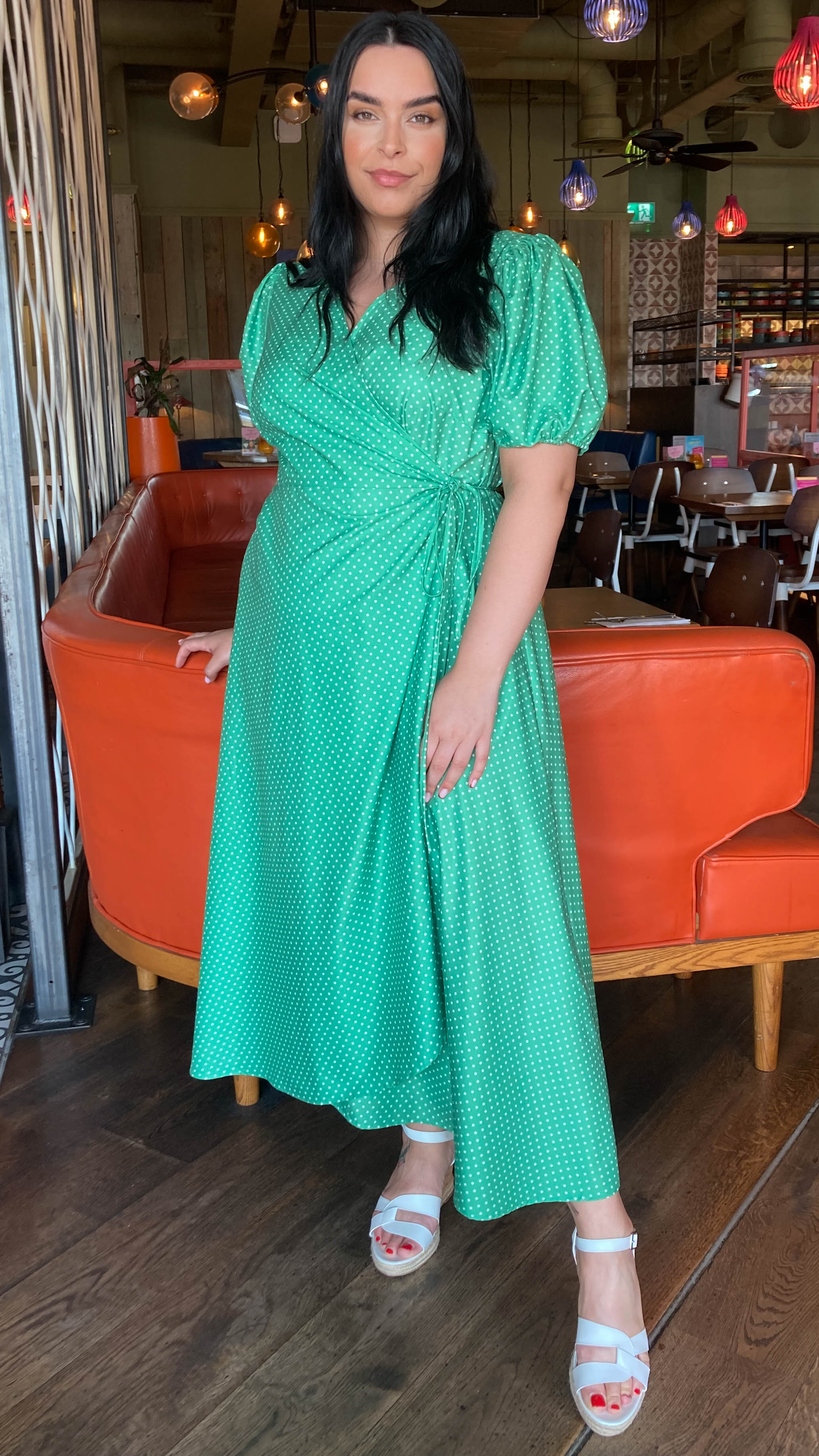 CurveWow Puff Sleeve Wrap Dress Green Spot