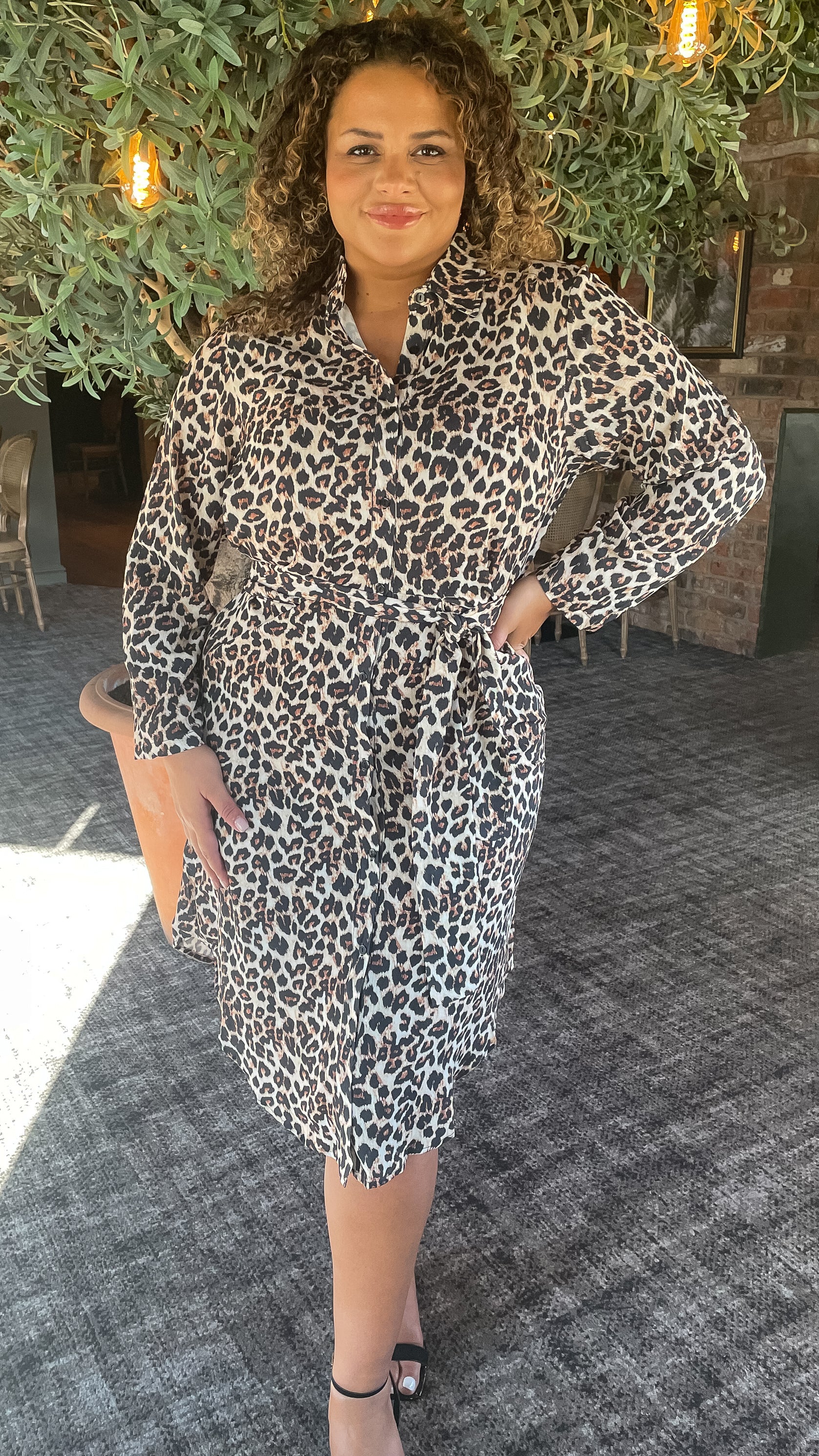 CurveWow Tie Waist Shirt Dress Leopard