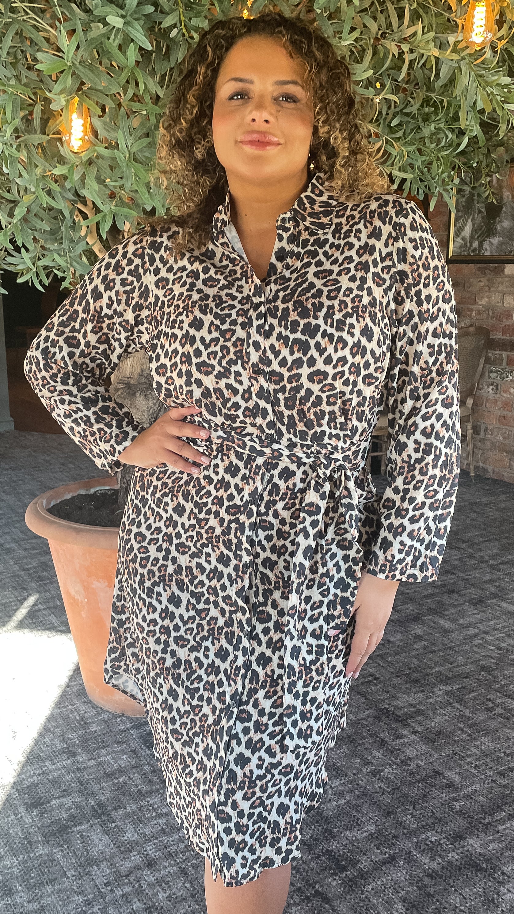 CurveWow Tie Waist Shirt Dress Leopard