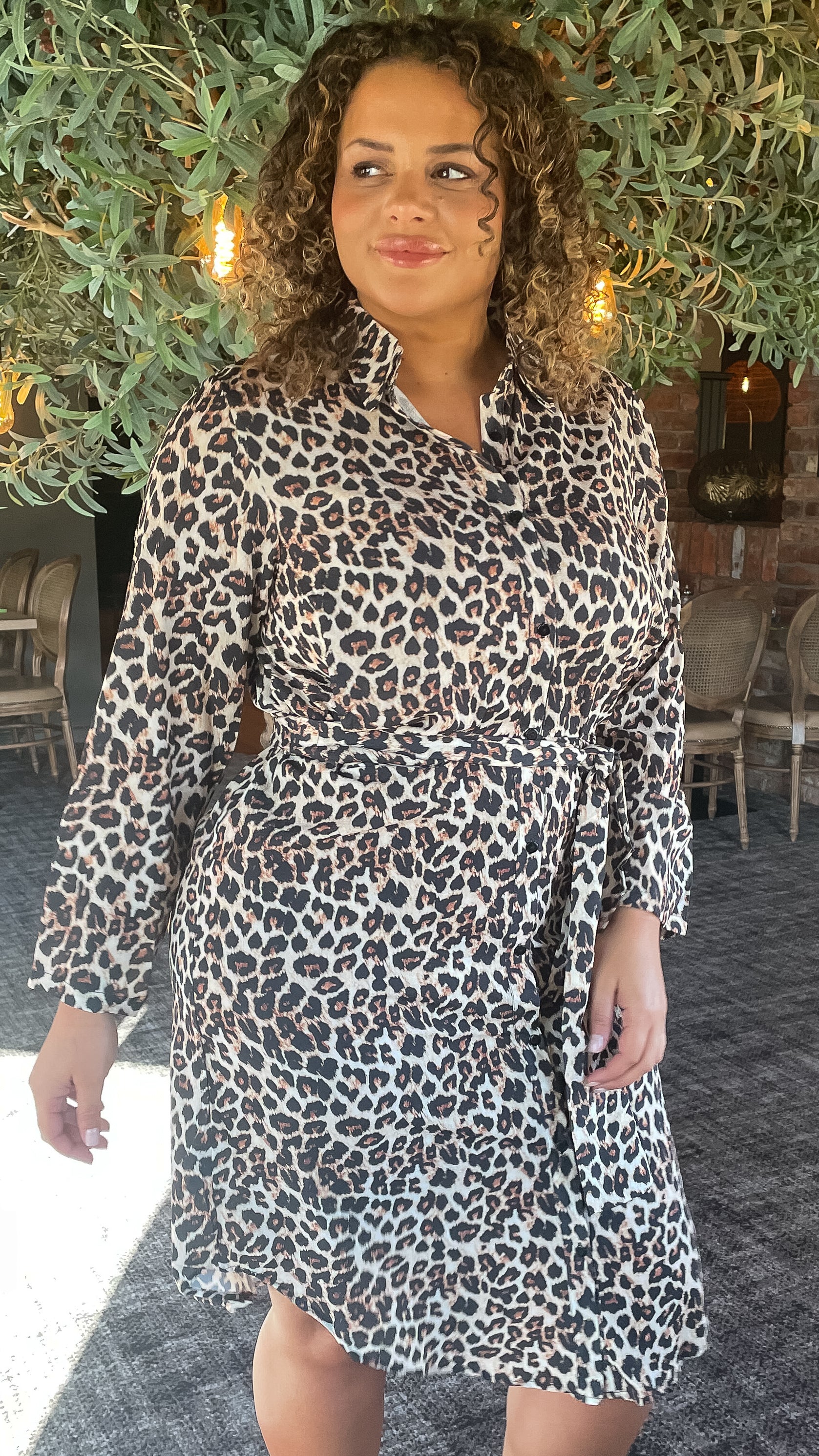 CurveWow Tie Waist Shirt Dress Leopard