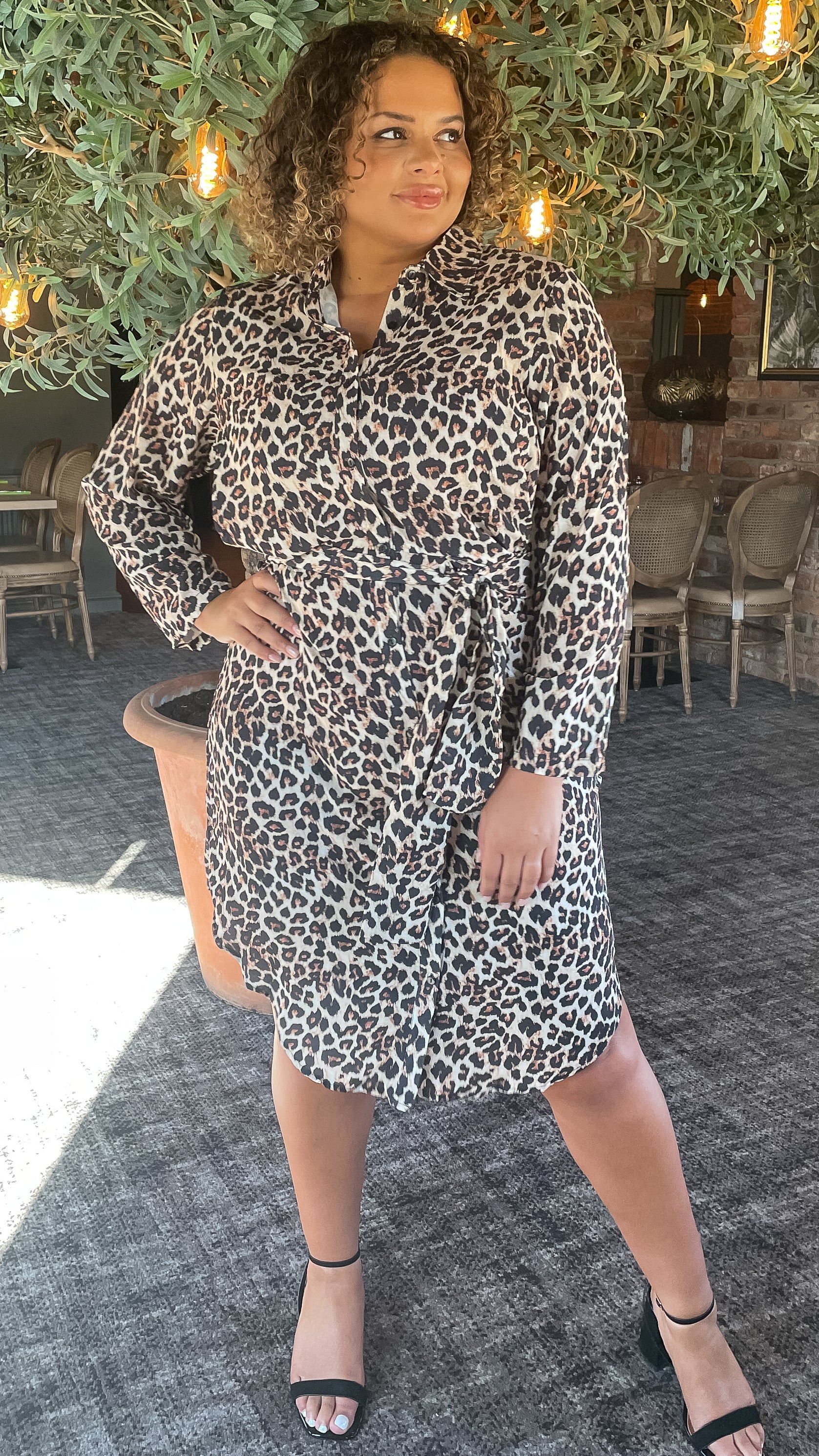 CurveWow Tie Waist Shirt Dress Leopard