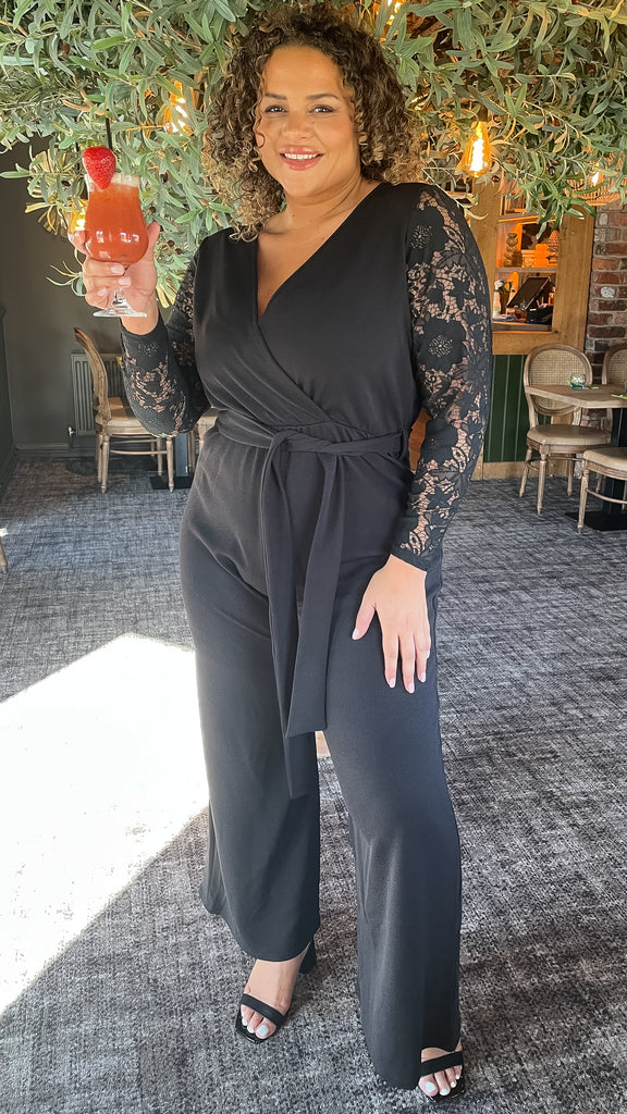 CurveWow Wrap Sleeveless Culotte Jumpsuit Black Tropical